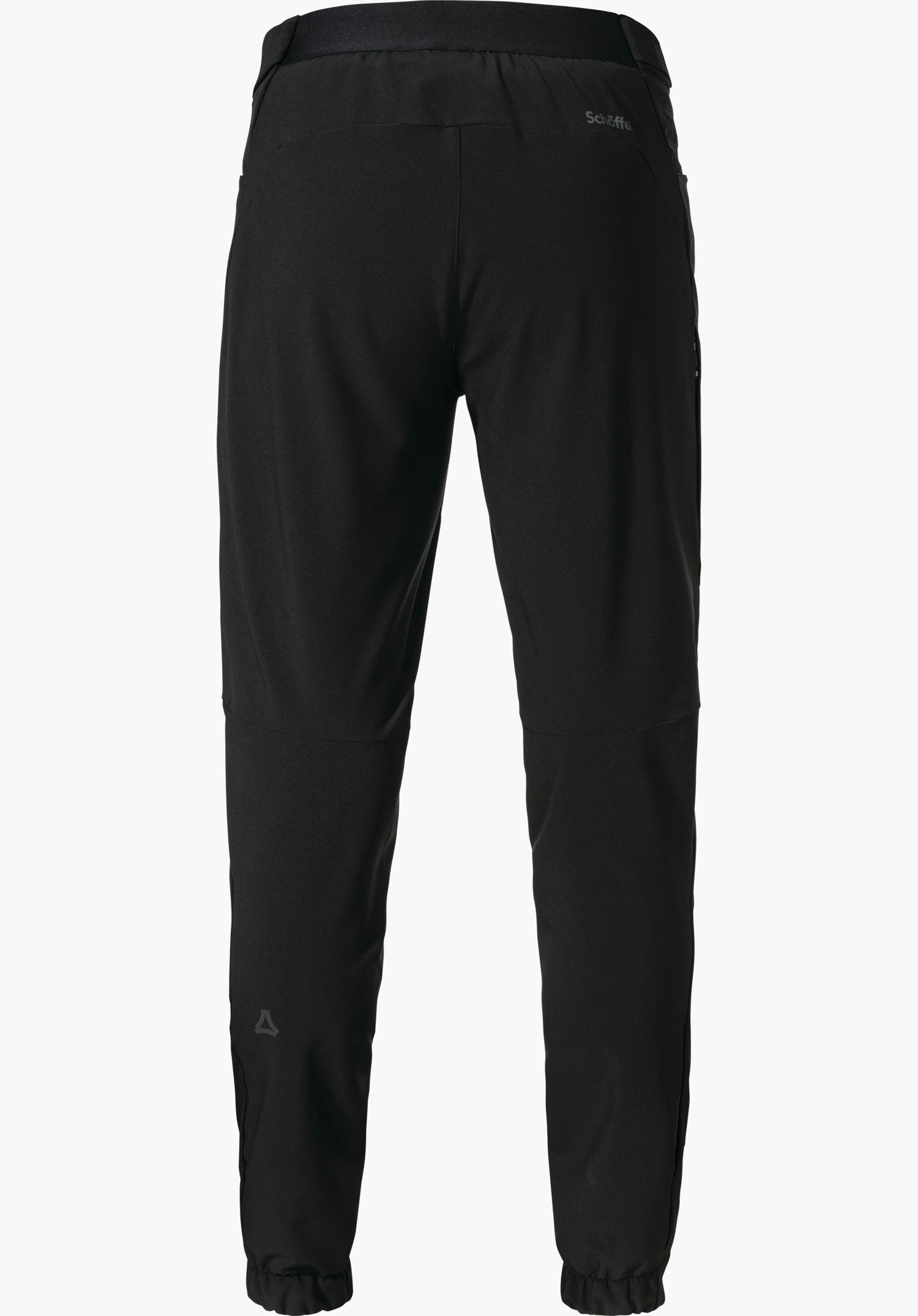 Pants Style Kubena MNS black cycling tights, presented in rear view; relaxed fit with elasticated waistband and cuffs, tapered legs. Schöffel logo on the calf; “Schöffel” text on the waistband. White background.