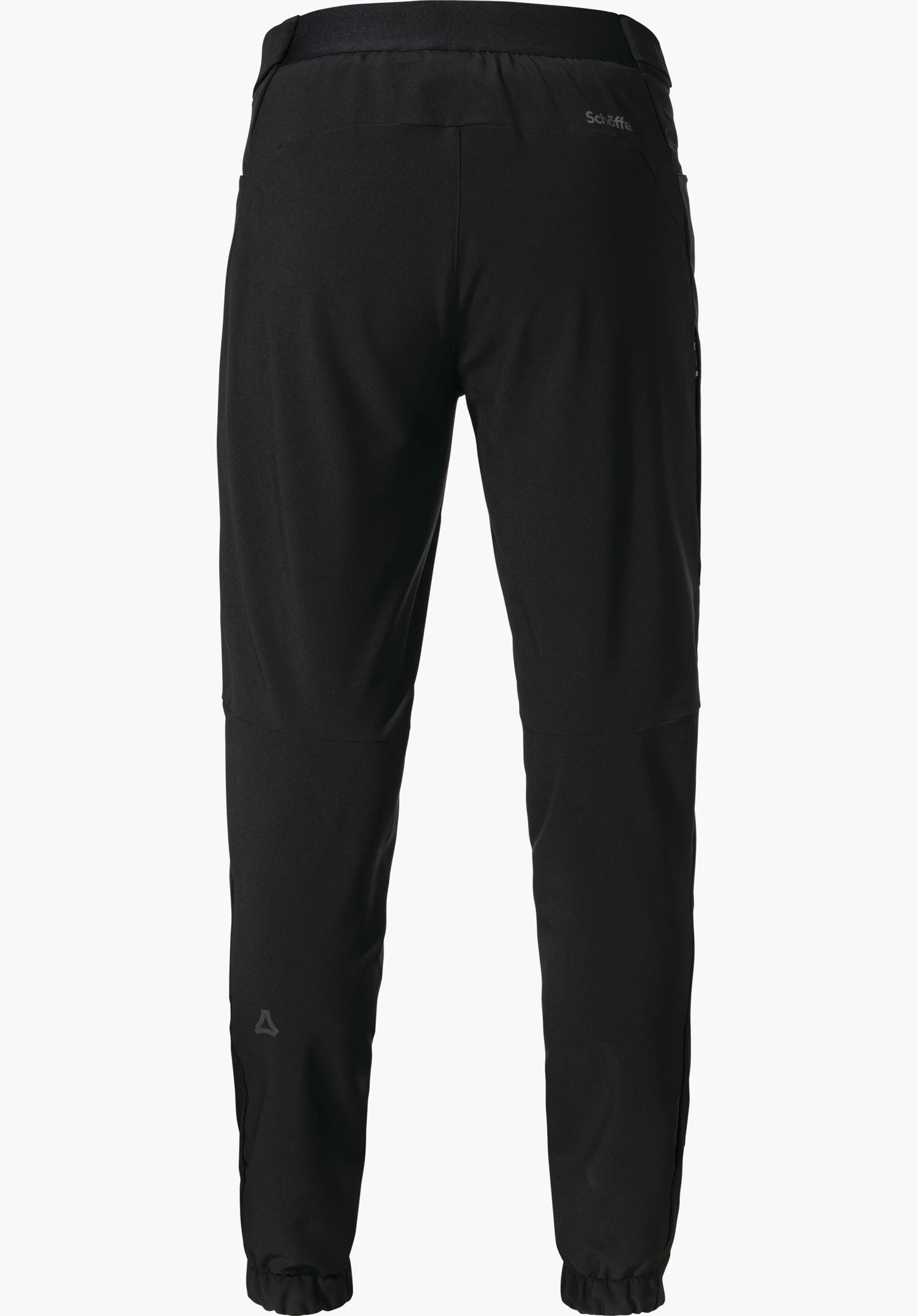 Pants Style Kubena MNS black cycling tights, presented in rear view; relaxed fit with elasticated waistband and cuffs, tapered legs. Schöffel logo on the calf; “Schöffel” text on the waistband. White background.