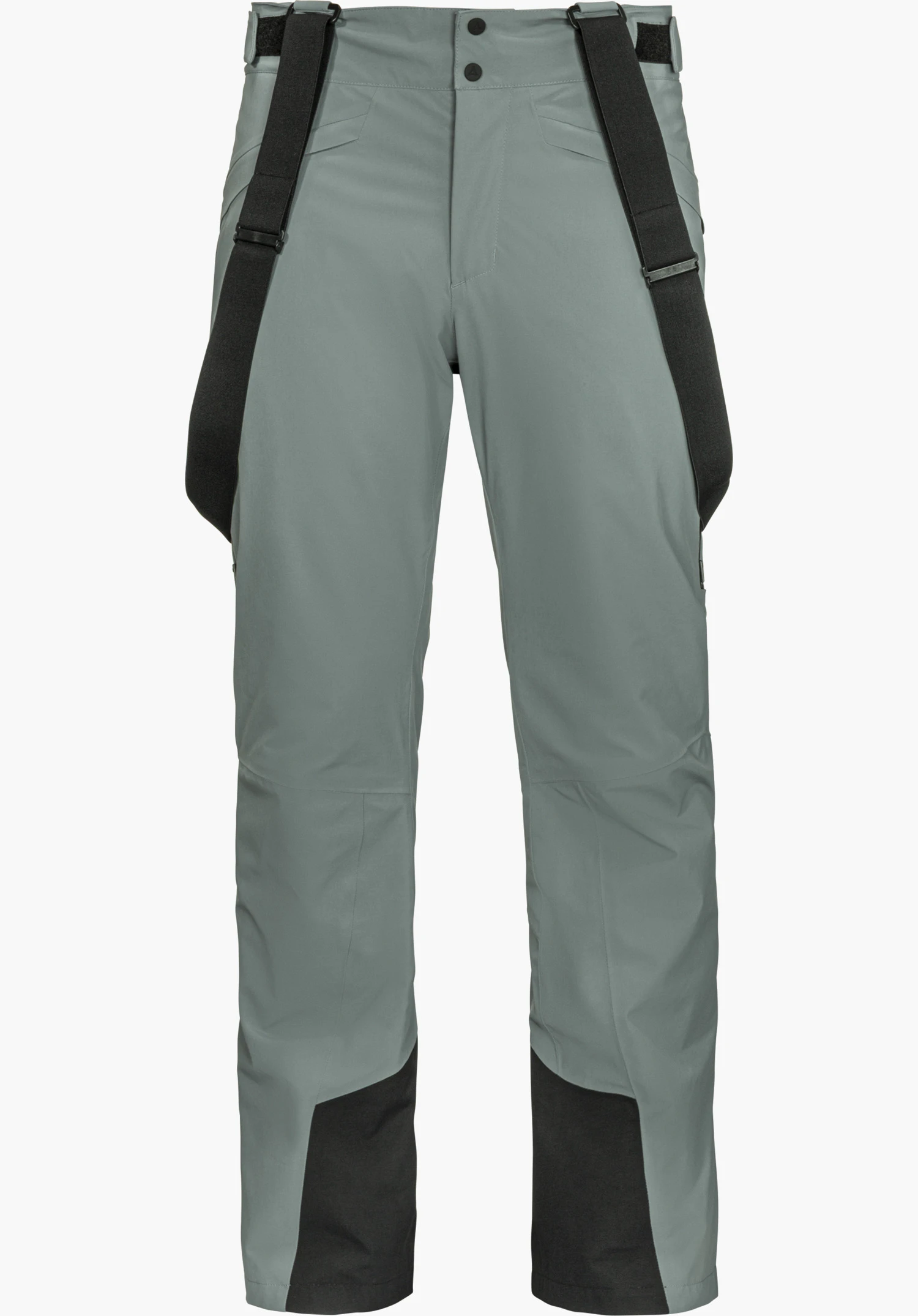 Pants Style Mountet MNS ski trousers in grey with detachable black braces, shown from the front and isolated on a white background.