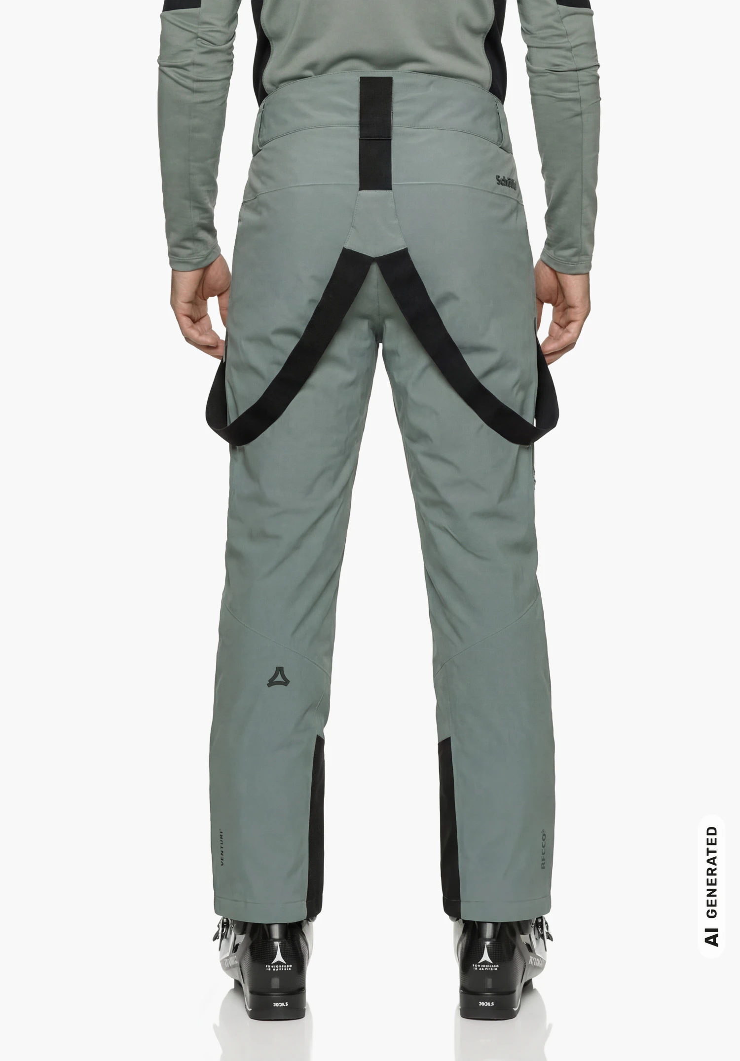 Pants Style Mountet MNS in grey with black braces, worn by a male model standing upright and shown from the back with ski boots and visible Schöffel lettering against a white background. (AI-generated)