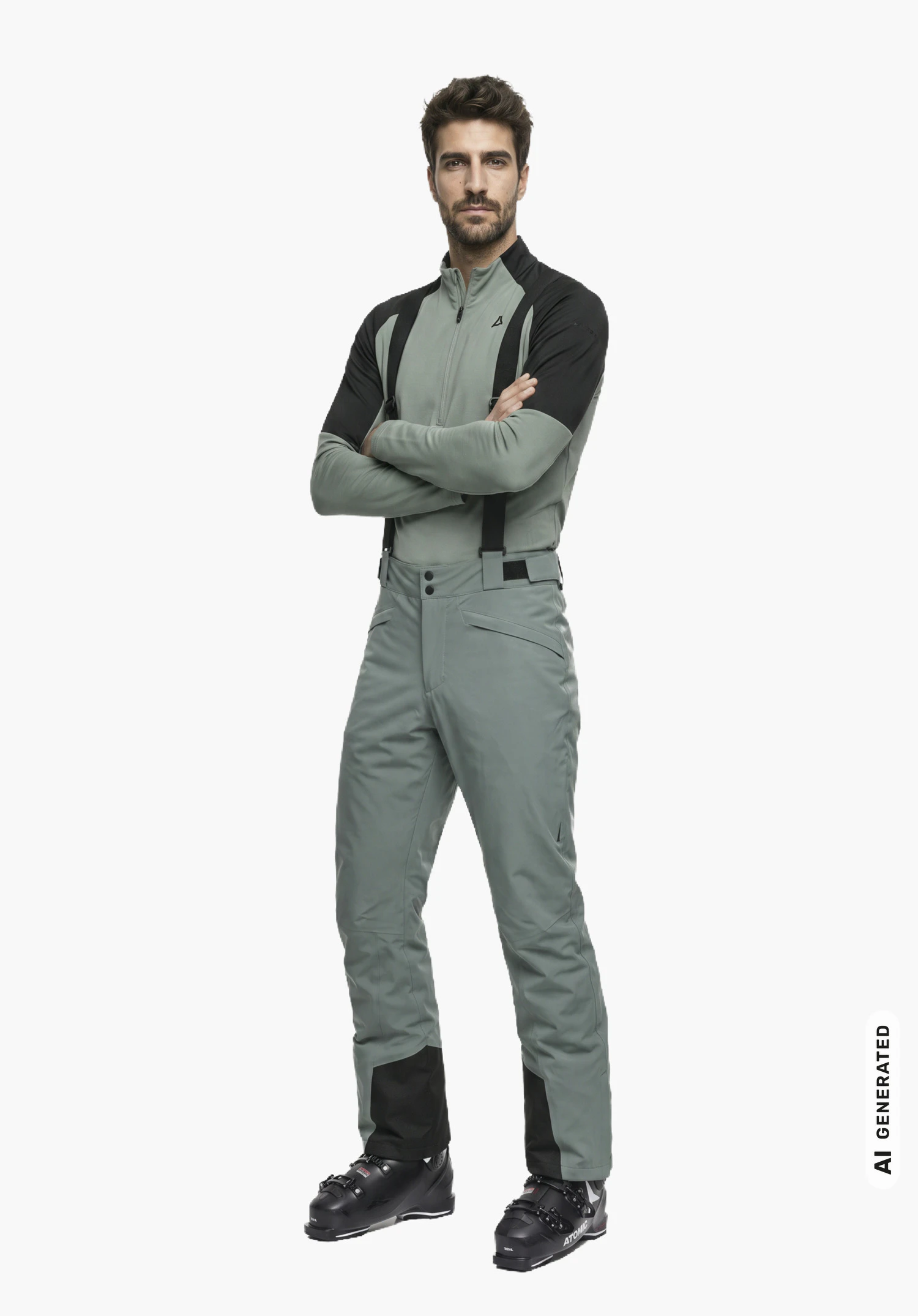 Pants Style Mountet MNS in grey, worn by a male model with crossed arms in a side view against a white background. (AI-generated)