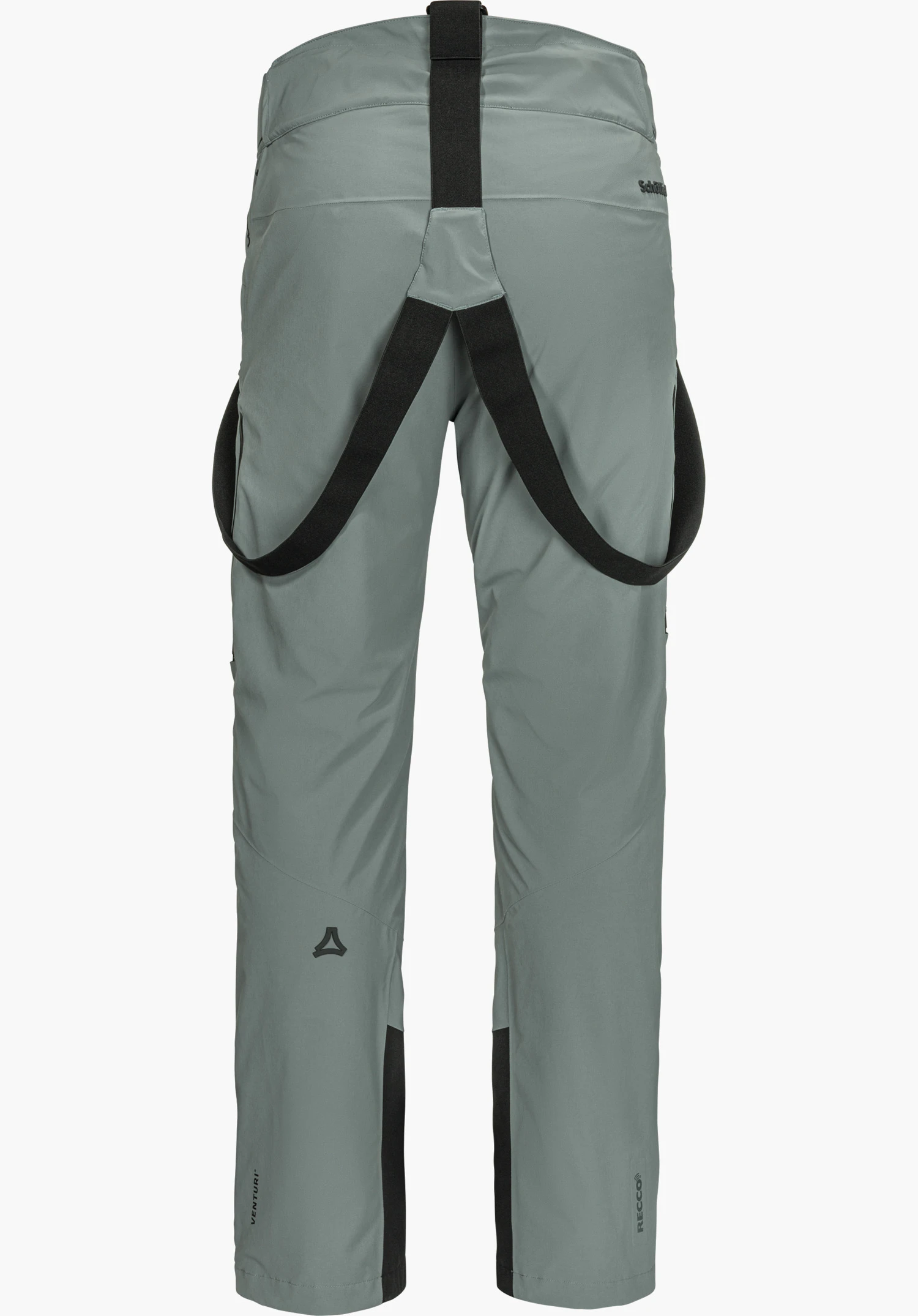 Pants Style Mountet MNS ski trousers in grey, shown from the back with black braces, visible Schöffel lettering and Schöffel logo, isolated on a white background.