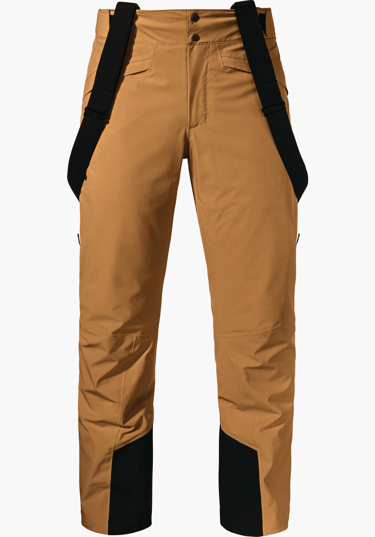 Pants Style Mountet MNS pantalon de ski marron clair avec bretelles noires amovibles; jambes marron clair coupe droite avec pinces aux genoux, deux poches, renforts noirs à l’intérieur des jambes, détouré sur fond blanc.
