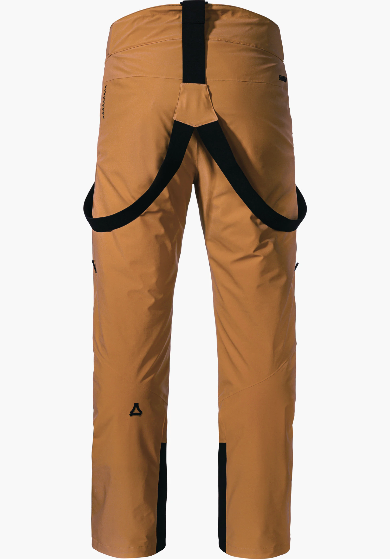 Pants Style Mountet MNS light brown ski trousers, rear view, with hanging black braces; Schöffel logo on the left lower leg; white background.