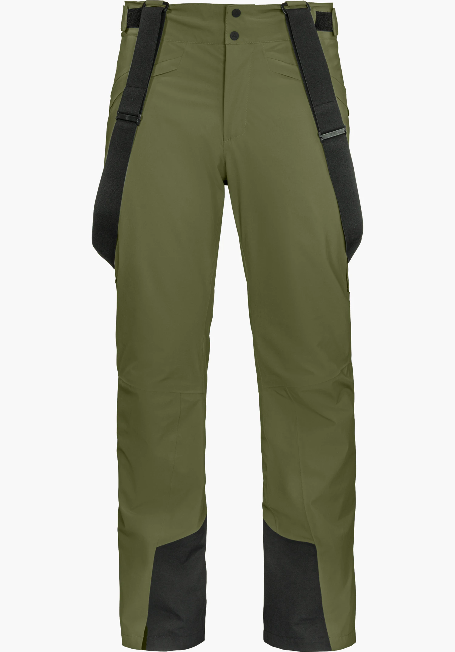 Pants Style Mountet MNS, pantalon de ski vert avec bretelles noires amovibles, vue de face, détouré sur fond blanc.