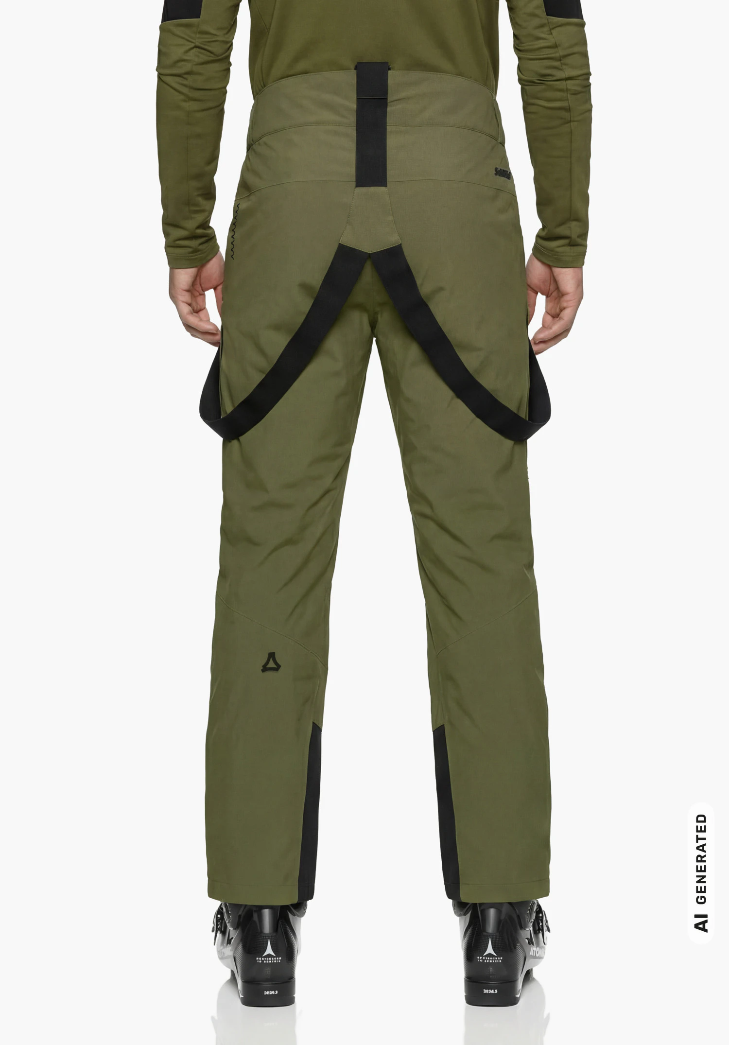Pants Style Mountet MNS in green with Schöffel lettering, worn by a male model standing upright and shown from the back against a white background. (AI-generated)