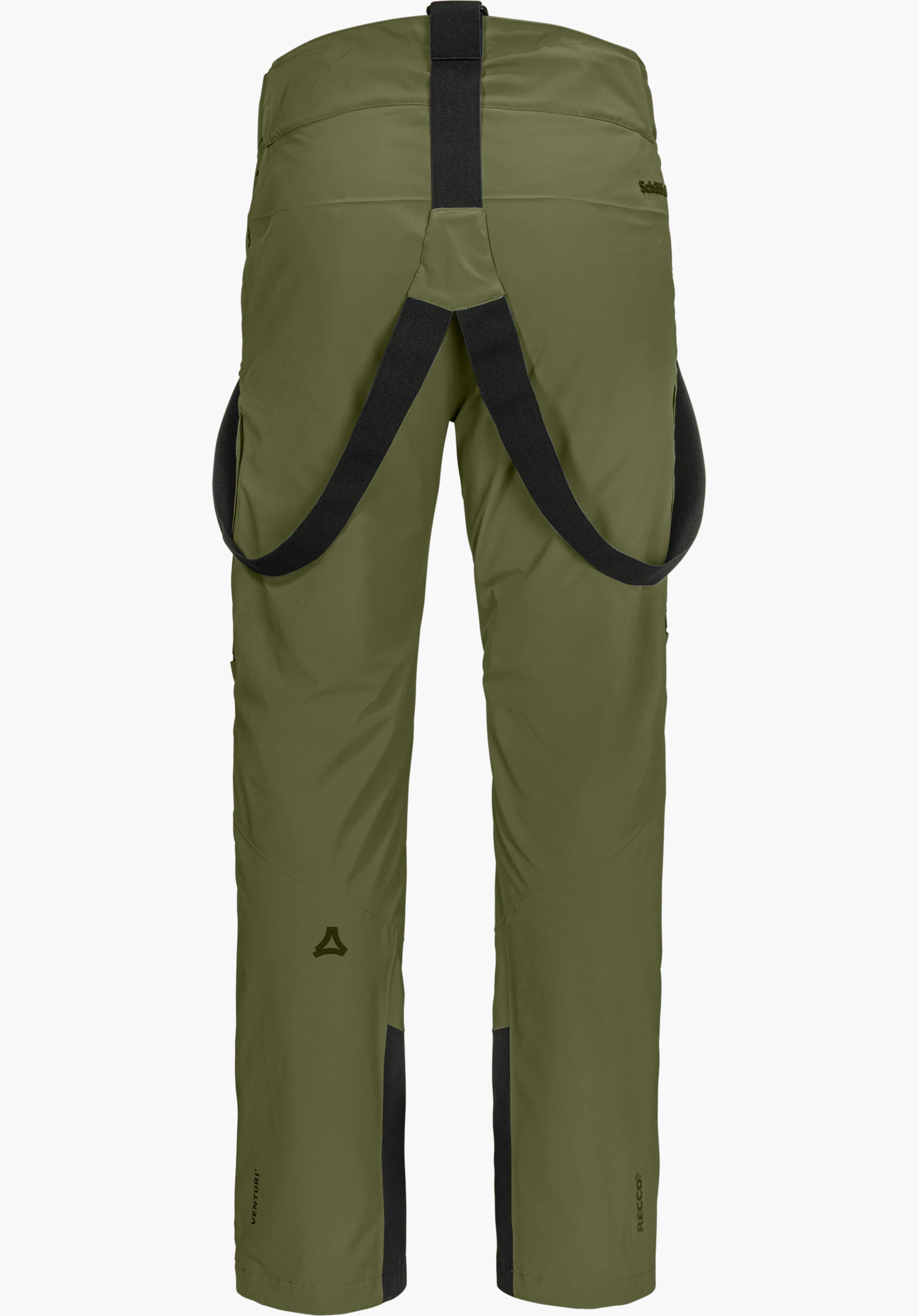 Pants Style Mountet MNS ski trousers in green, shown from the back with black braces and Schöffel lettering, isolated on a white background.