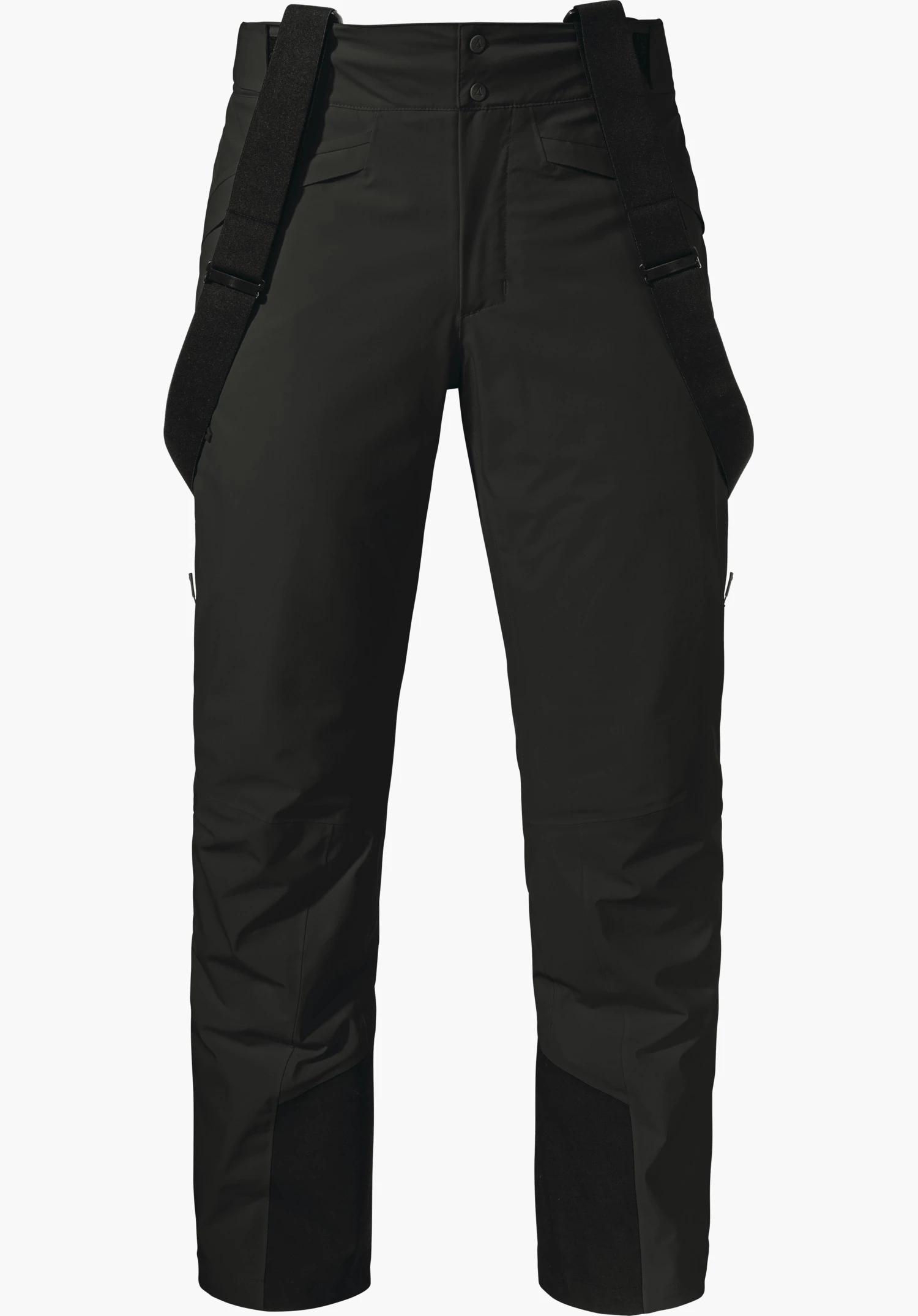 Pants Style Mountet MNS black ski trousers with black adjustable suspenders; front view, straight legs, reinforced inner legs and two side pockets; white background.