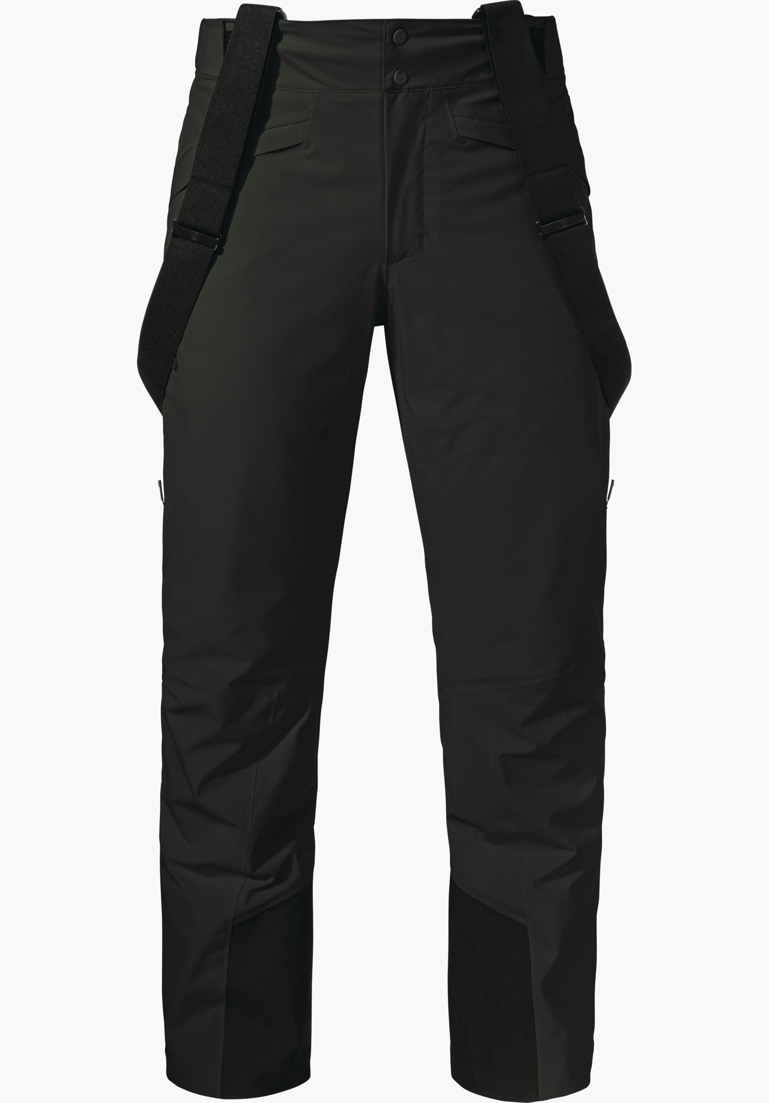 Pants Style Mountet MNS Schwarze Skihose mit schwarzen, verstellbaren Hosenträgern; frontal präsentiert, gerade geschnittene Beine, verstärkte Innenbeinpartien und zwei Eingrifftaschen, weißer Hintergrund.