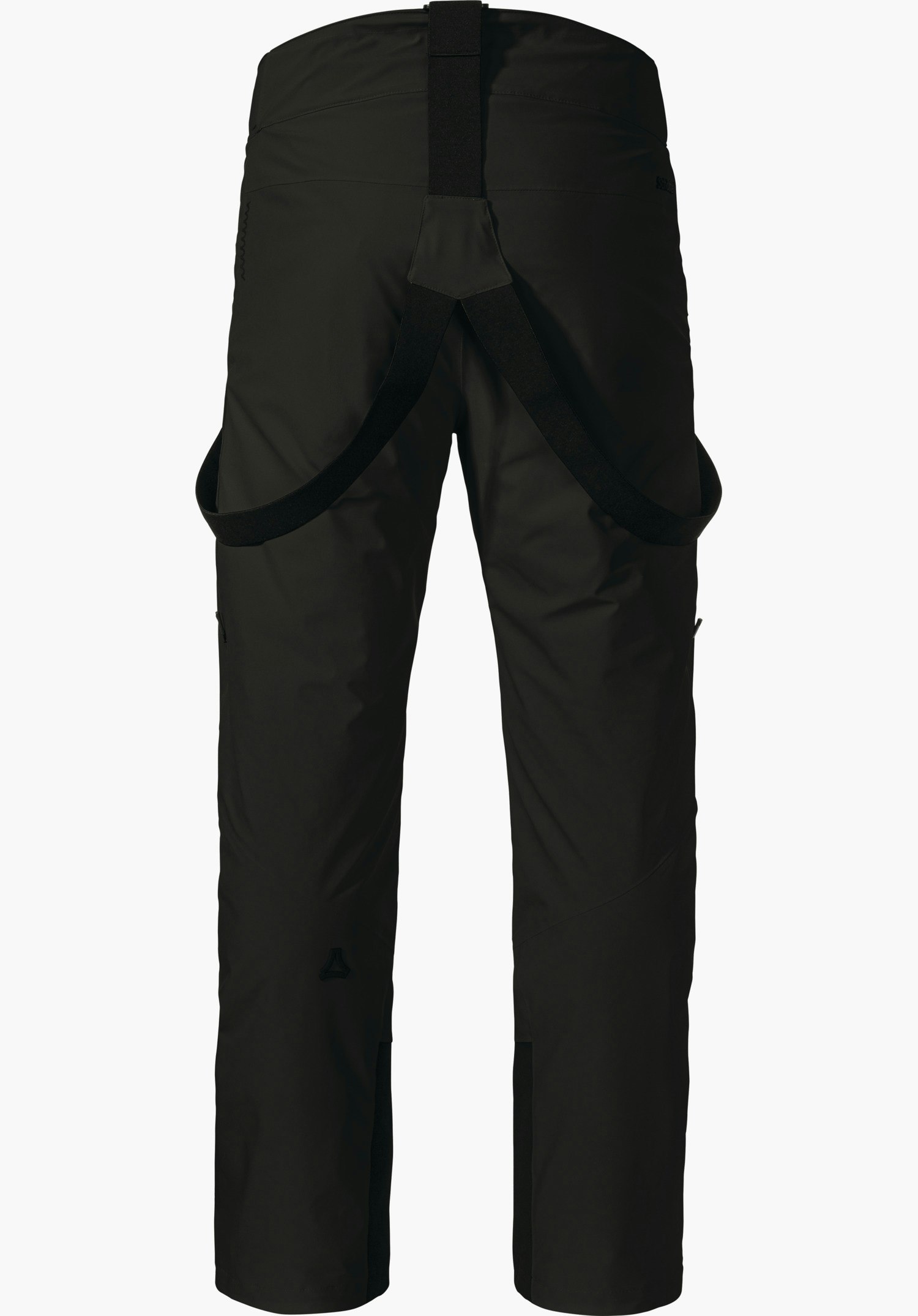 Pants Style Mountet MNS schwarze Skihose, Rückansicht, mit über Kreuz verlaufenden schwarzen Trägern und Schöffel-Logo am linken Unterschenkel; glatter Stoff vor weißem Hintergrund.