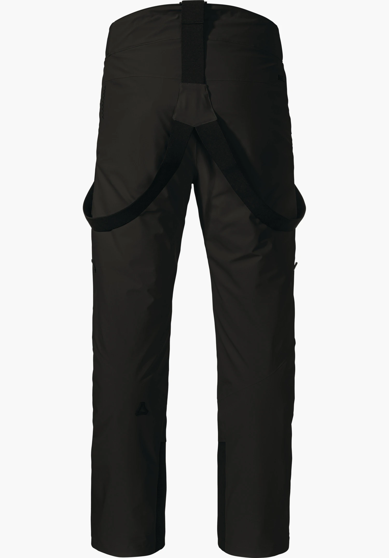 Pants Style Mountet MNS black ski trousers, rear view, with black crossed braces and Schöffel logo on the left lower leg; smooth fabric against a white background.