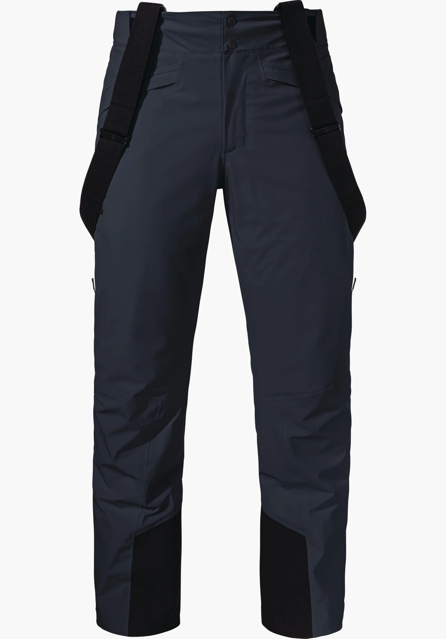 Pants Style Mountet MNS pantalon de ski bleu foncé avec bretelles noires réglables; fermeture à bouton, poches en biais et renforts noirs en bas de jambe, présenté de face sur fond blanc.