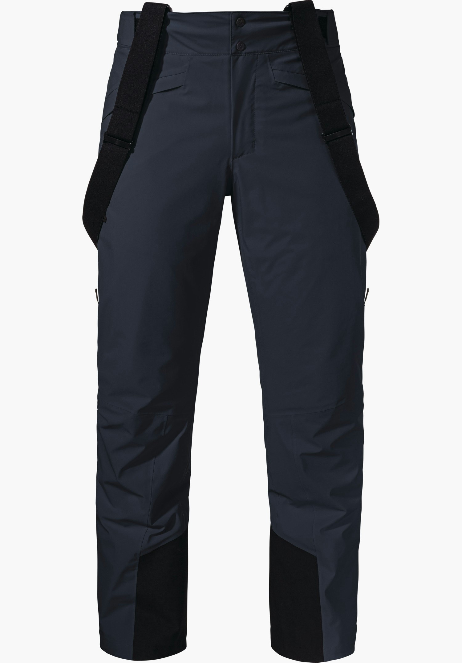 Pants Style Mountet MNS Donkerblauwe skibroek met zwarte, verstelbare bretels; knoopsluiting, schuine zakken en zwarte verstevigingen aan de onderkant van de pijp, frontaal tegen witte achtergrond.