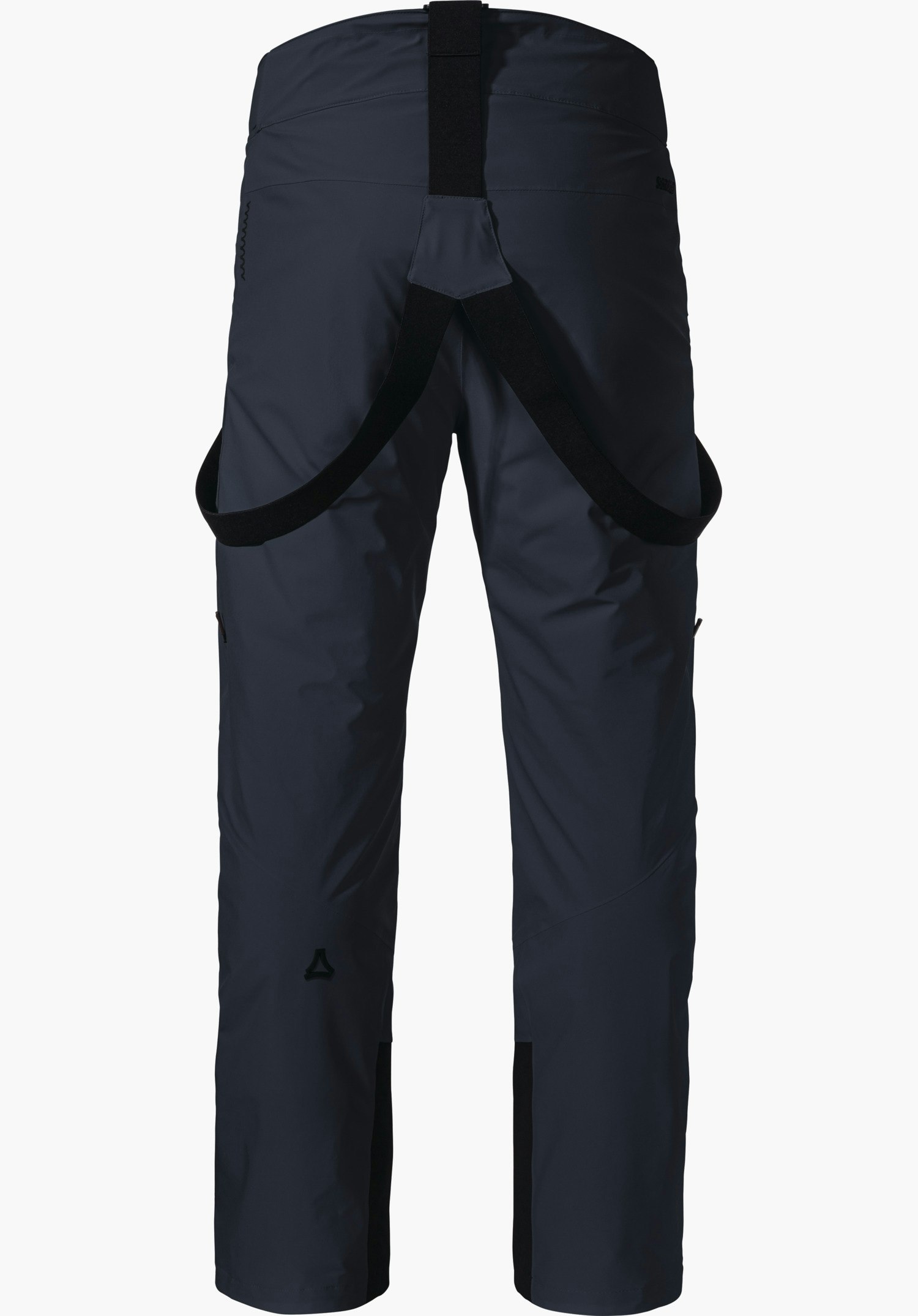 Pants Style Mountet MNS Donkerblauwe skibroek, achteraanzicht; met zwarte gekruiste bretels, recht gesneden pijpen met zwarte binnenverstevigingen; Schöffel-logo op het linker onderbeen.