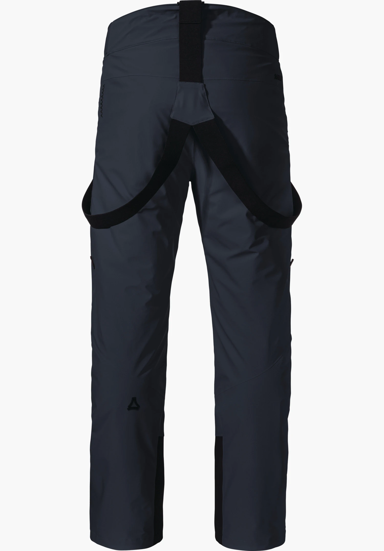 Pants Style Mountet MNS dark blue ski trousers, rear view, with black crossed braces, straight legs with black inner reinforcements, Schöffel logo on the left lower leg.
