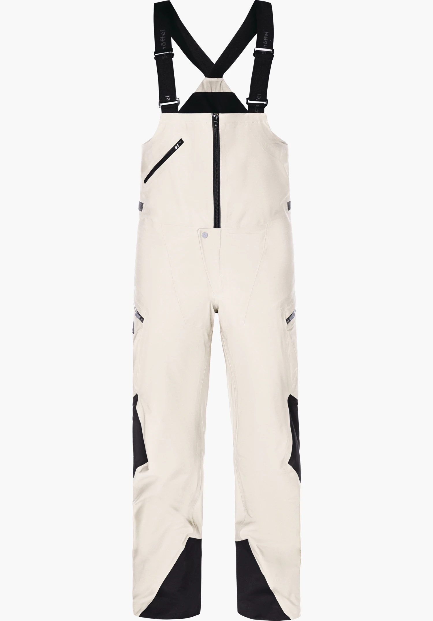 Pants Style Lufeld MNS Hardshell Hose in der Farbe grün mit schwarzen Hosenträgern und Reißverschlüssen in Frontansicht freigestellt vor weißem Hintergrund.
