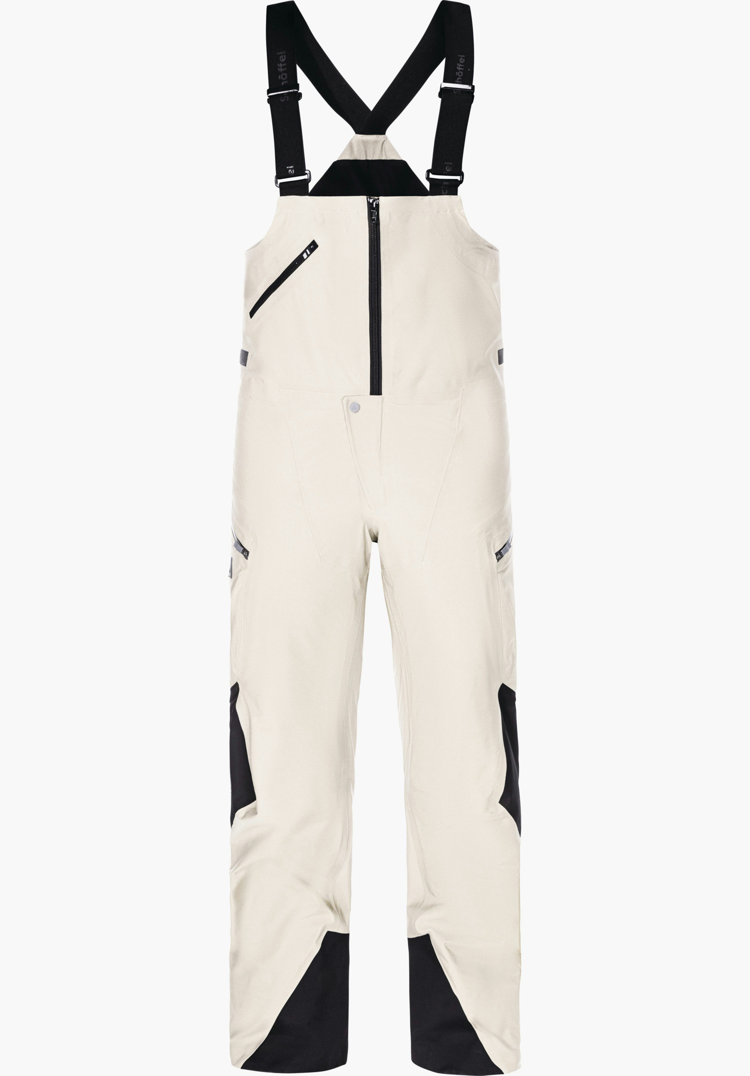 Pants Style Lufeld MNS beige ski bib pants with black suspenders, zip and pockets; front view on a white background.