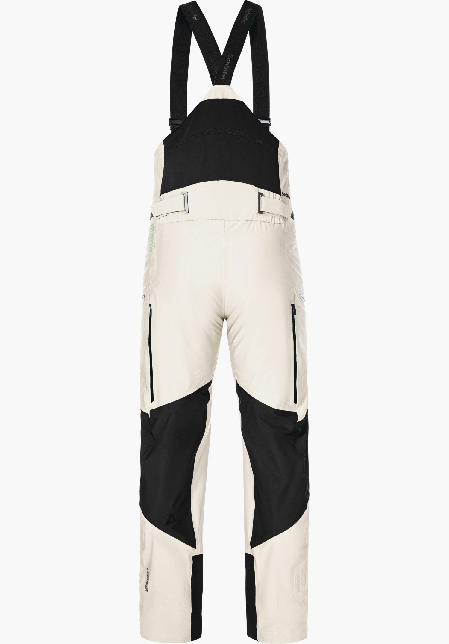 Pants Style Lufeld MNS ski bib trousers in white with black inserts, hanging on black braces with “Schöffel” lettering; Schöffel logo on the leg, freestanding against a plain background.