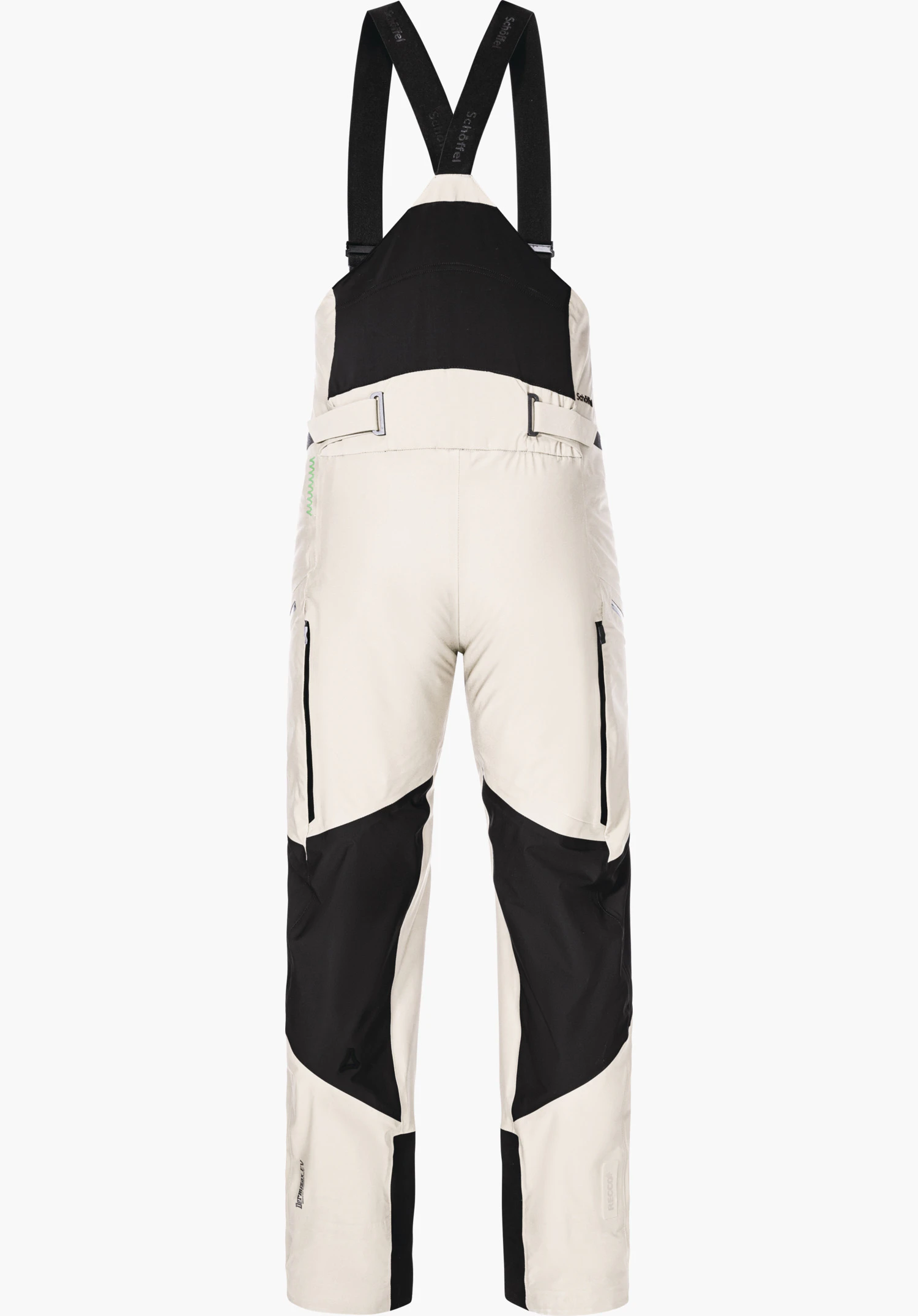 Pants Style Lufeld MNS ski bib trousers in white with black inserts, hanging on black braces with “Schöffel” lettering; Schöffel logo on the leg, freestanding against a plain background.