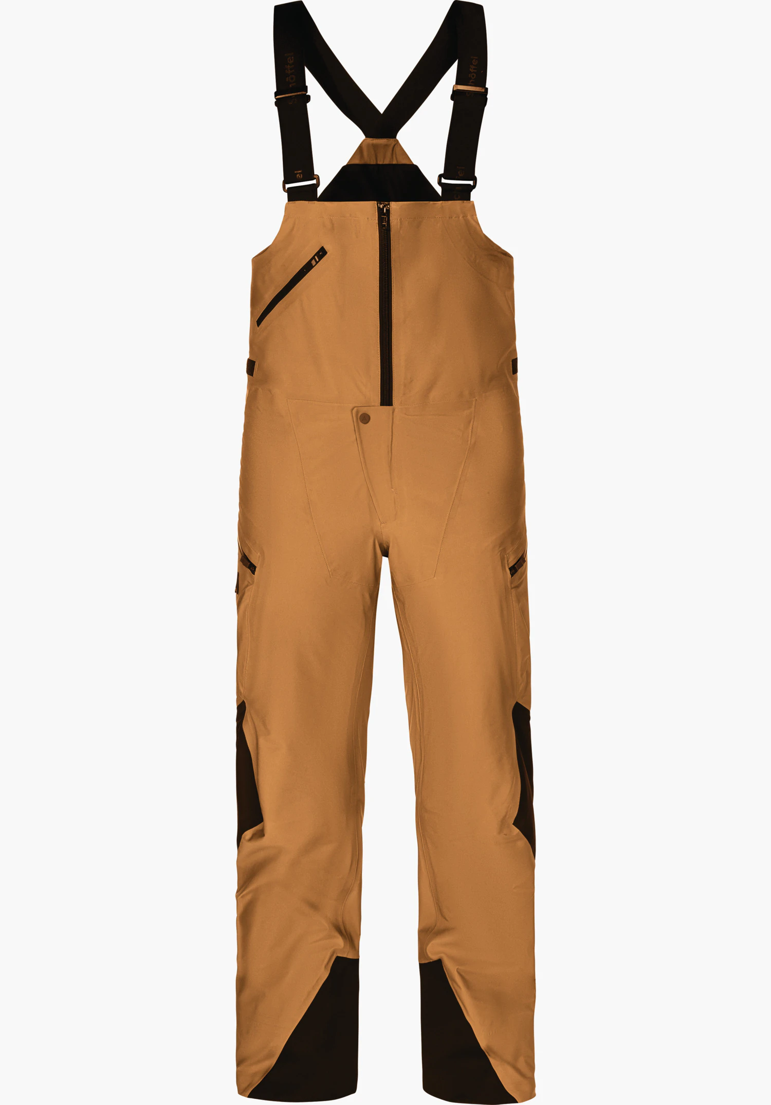 Pants Style Lufeld MNS Hardshell Hose in der Farbe grün mit schwarzen Hosenträgern und Reißverschlüssen in Frontansicht freigestellt vor weißem Hintergrund.