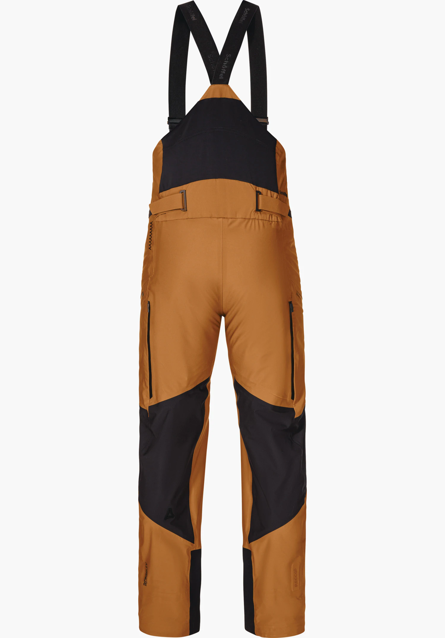 Pants Style Lufeld MNS orange und schwarz Ski-Latzhose mit Trägern, hängend vor weißem Hintergrund; Träger mit Aufdruck "Schöffel"; Schöffel-Logo auf linkem Bein; verstärkte Knie.