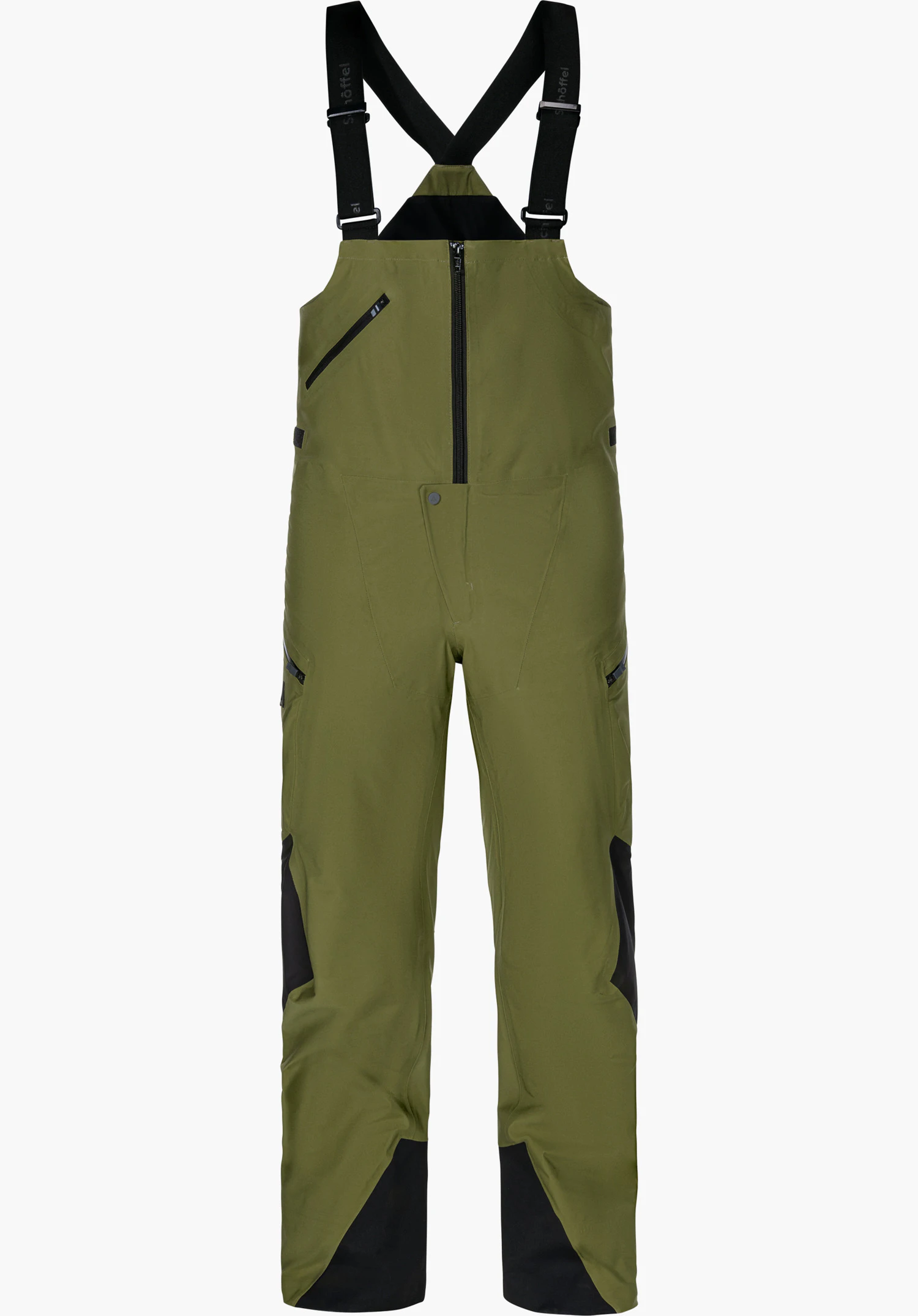 Pants Style Lufeld MNS Hardshell Hose in der Farbe grün mit schwarzen Hosenträgern und Reißverschlüssen in Frontansicht freigestellt vor weißem Hintergrund.