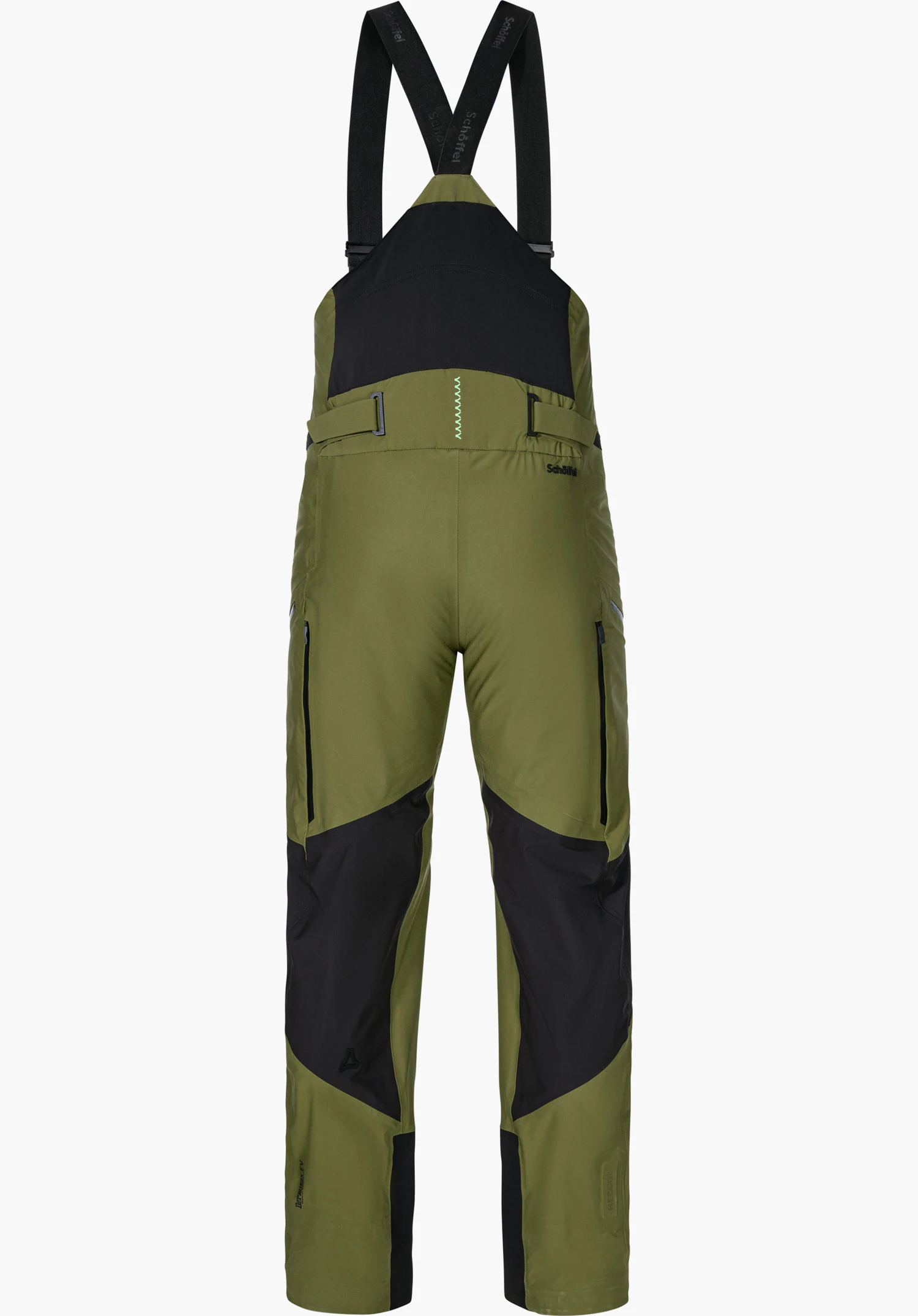 Pants Style Lufeld MNS hardshell trousers in green with Schöffel lettering, shown from the back and isolated on a white background.