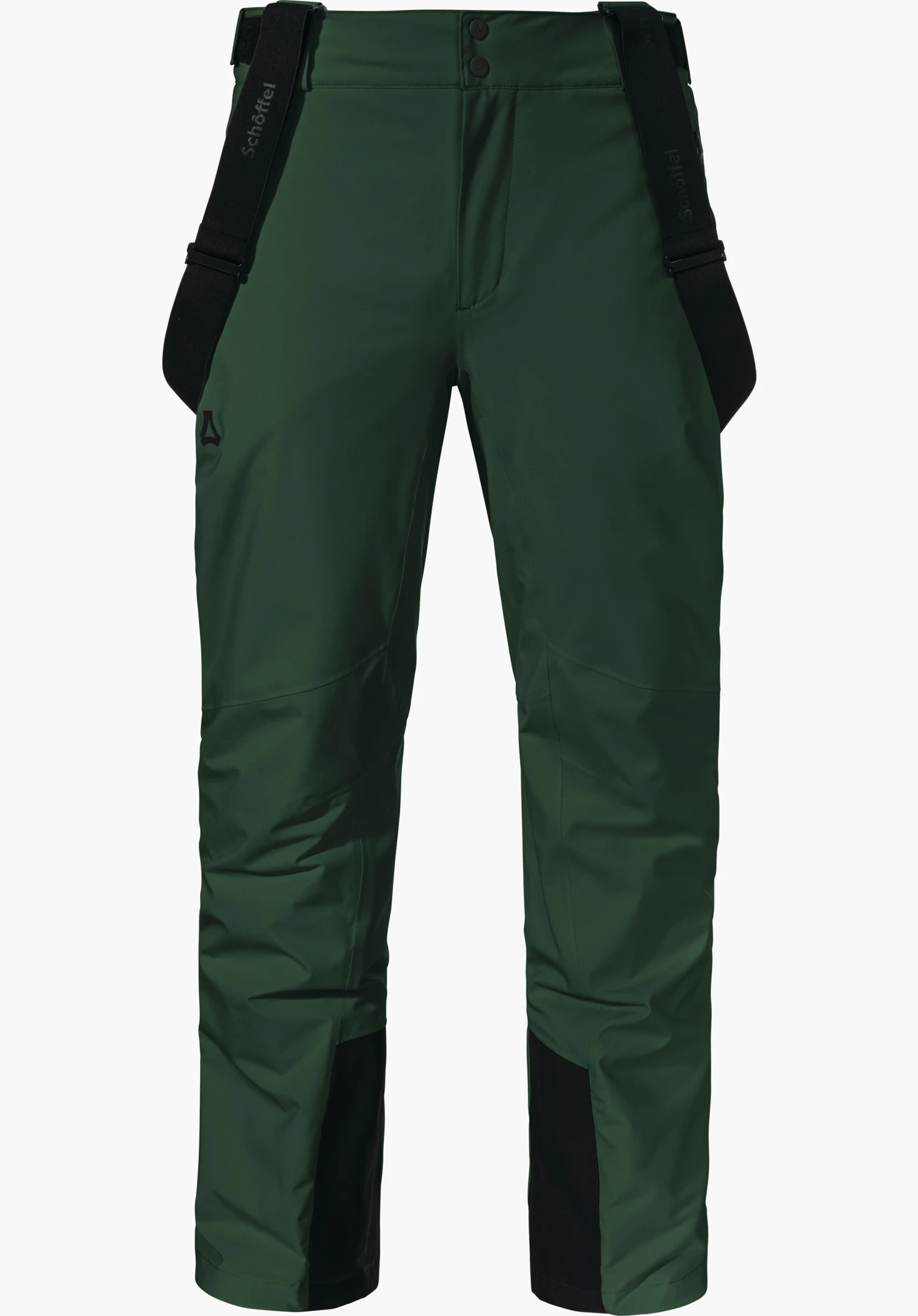 Pants Style Pine MNS pantalon de ski vert foncé avec bretelles noires; présenté de face sur fond blanc. Logo Schöffel sur la cuisse. Sur les bretelles: « Schöffel ».