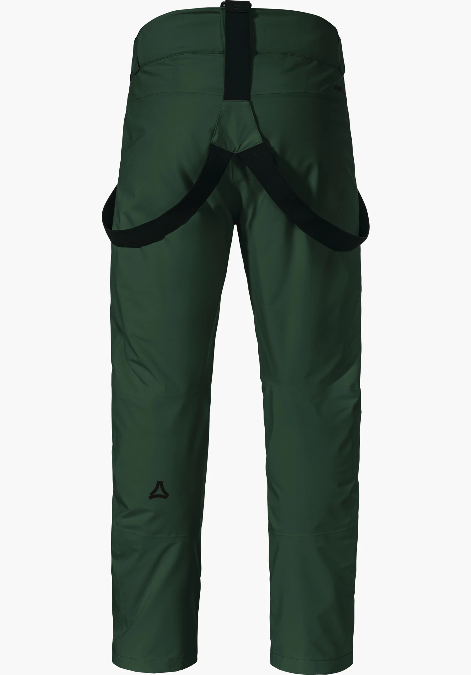 Pants Style Pine MNS pantalon de ski vert foncé avec bretelles noires fixées, vue arrière; logo Schöffel noir sur le mollet gauche; fond blanc neutre.
