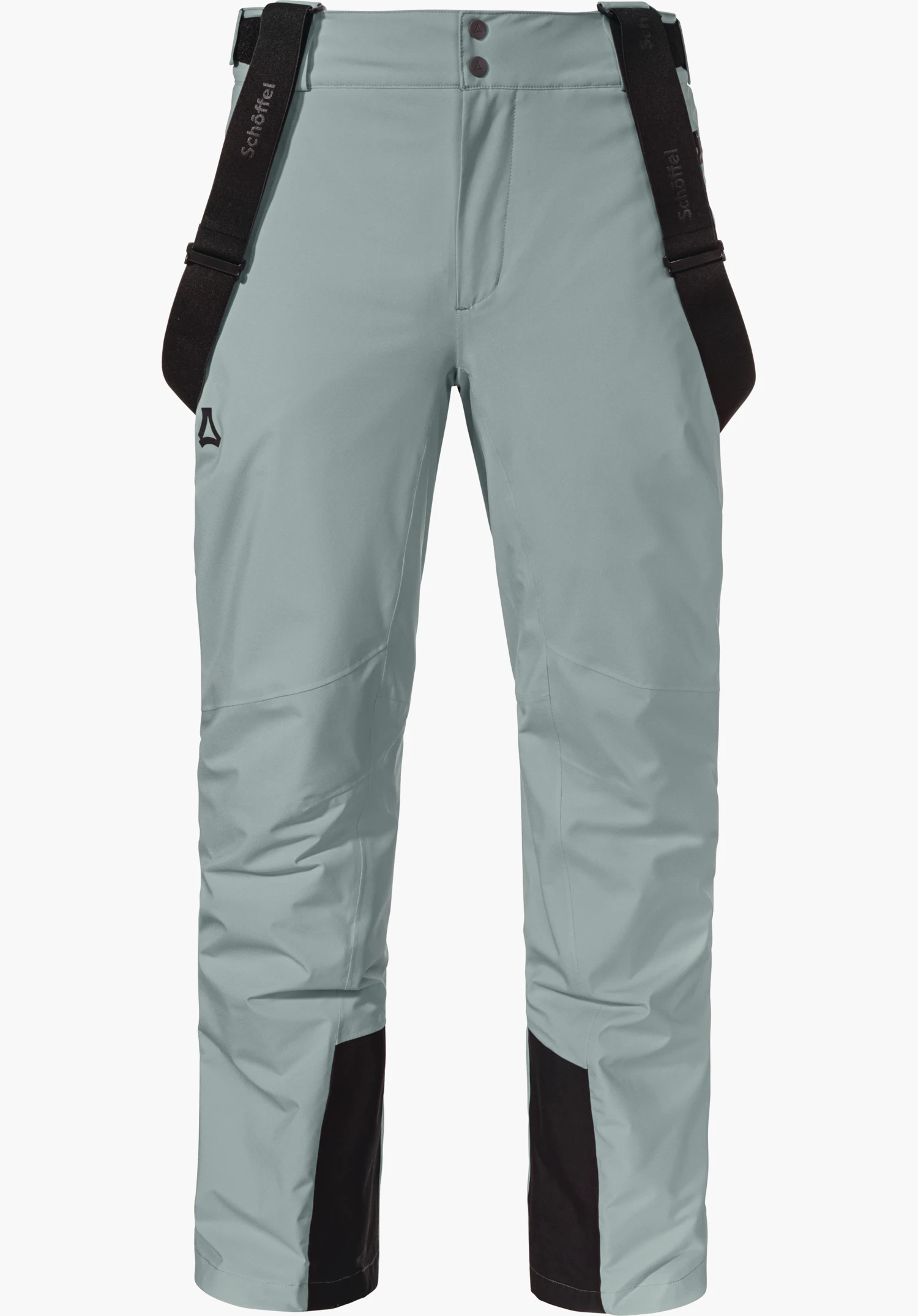 Pants Style Pine MNS light green ski trousers, front view; black adjustable suspenders with “Schöffel” text; Schöffel logo on left thigh; black leg reinforcements; white background.