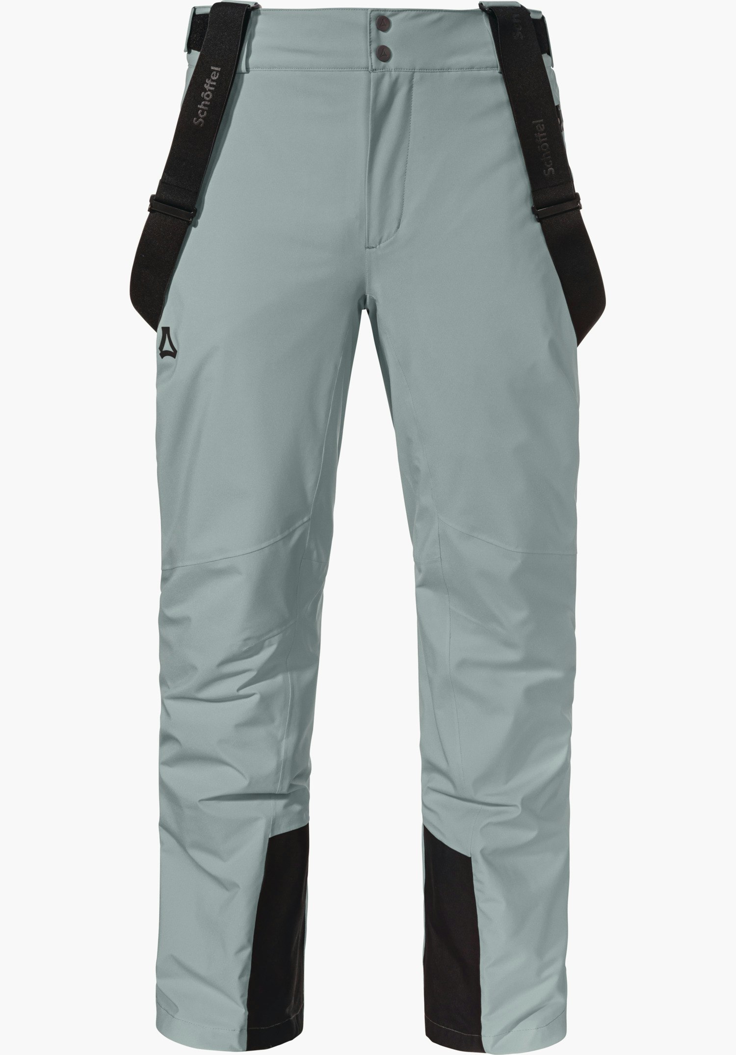 Pants Style Pine MNS Skihose hellgrün, frontal präsentiert; schwarze verstellbare Hosenträger mit Schriftzug "Schöffel"; Schöffel-Logo auf linkem Oberschenkel; schwarze Beinverstärkungen; weißer Hintergrund.