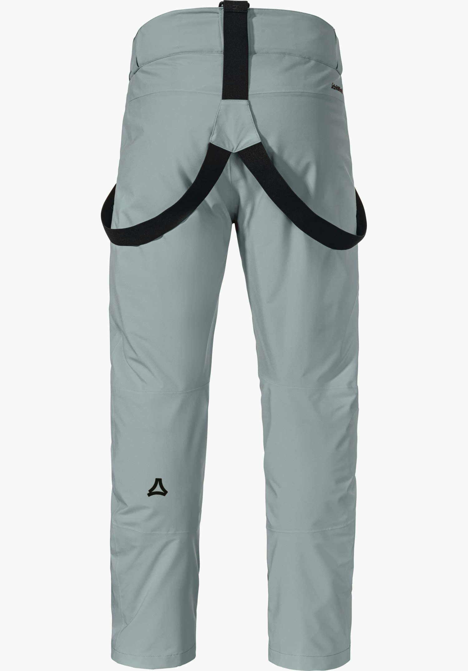 Pants Style Pine MNS Hellgraue Skihose, Rückansicht: schwarze Hosenträger; Schöffel-Logo schwarz am linken Unterschenkel; glatte, sportliche Passform vor hellem Hintergrund.