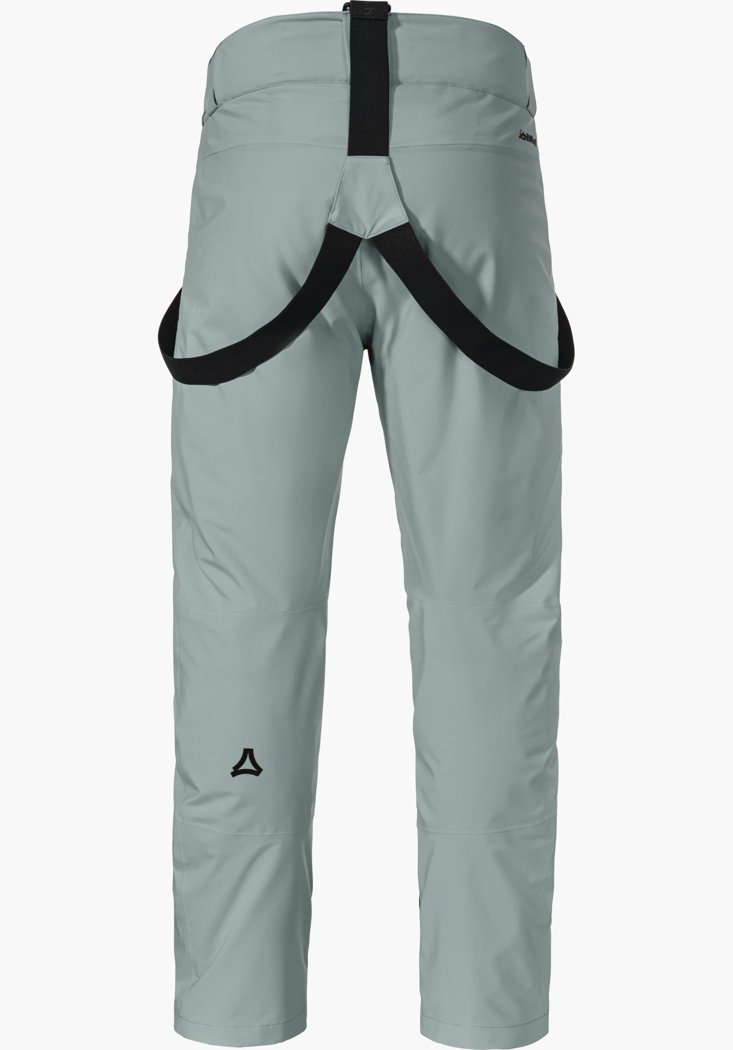 Pants Style Pine MNS light grey ski trousers, rear view: black braces; black Schöffel logo on the left lower leg; smooth, sporty fit against a light background.