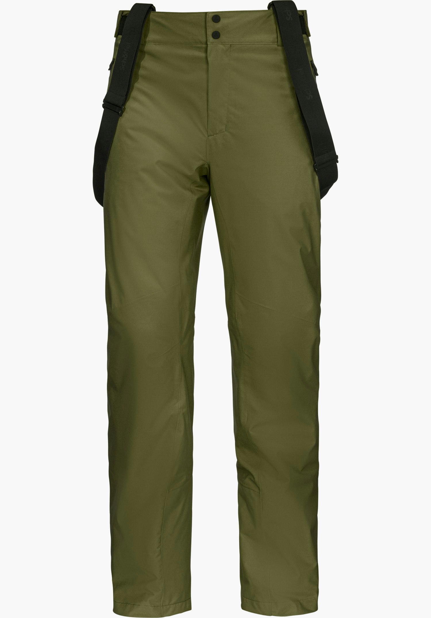 Pants Style Pine MNS light green ski trousers, front view; black adjustable suspenders with “Schöffel” text; Schöffel logo on left thigh; black leg reinforcements; white background.