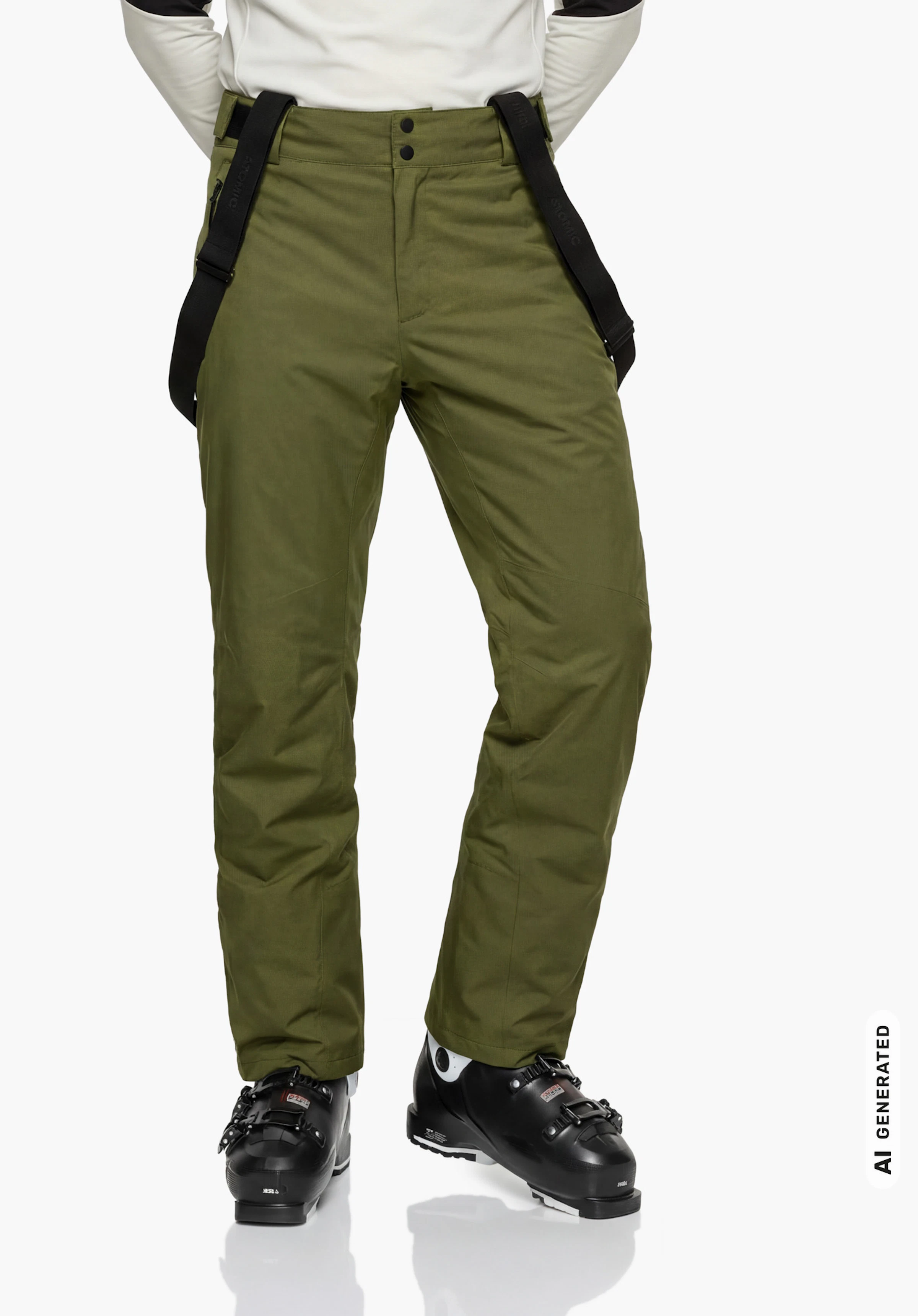 Pants Style Pine MNS in grün mit schwarzen Hosenträgern, getragen von einem männlichen Model im aufrechten Stand in Frontansicht vor weißem Hintergrund. (KI-generiert)