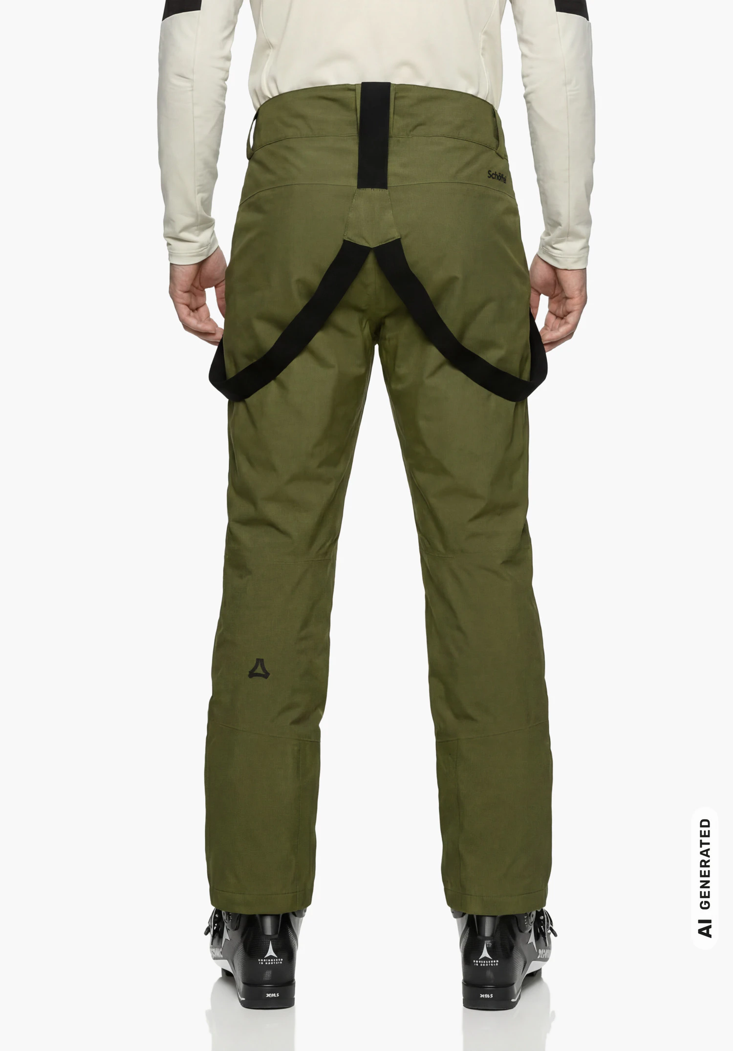 Pants Style Pine MNS in green with Schöffel lettering, worn by a male model standing upright and shown from the back with ski boots and black braces against a white background. (AI-generated)