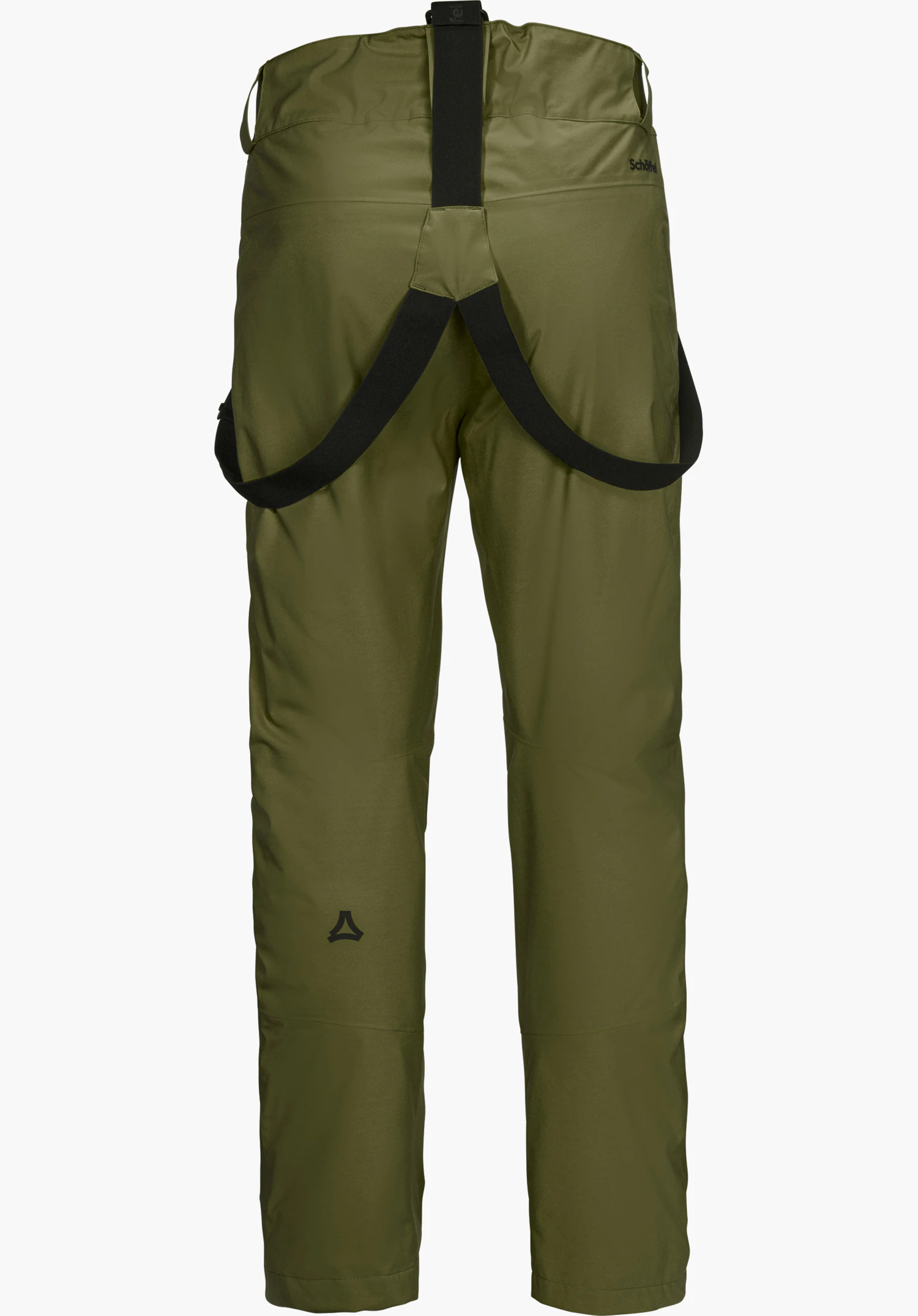 Pants Style Pine MNS ski trousers in green, shown from the back with black braces and visible Schöffel lettering, isolated on a white background.
