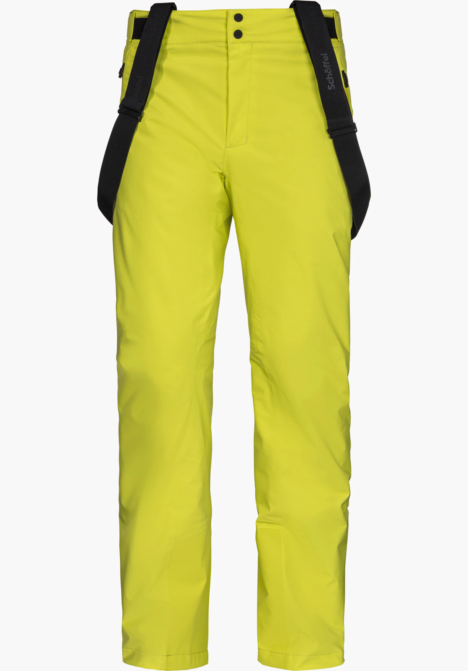 Pants Style Pine MNS black ski trousers with adjustable suspenders; front view, Schöffel logo on left side, “Schöffel” text on both suspenders; isolated on a white background.