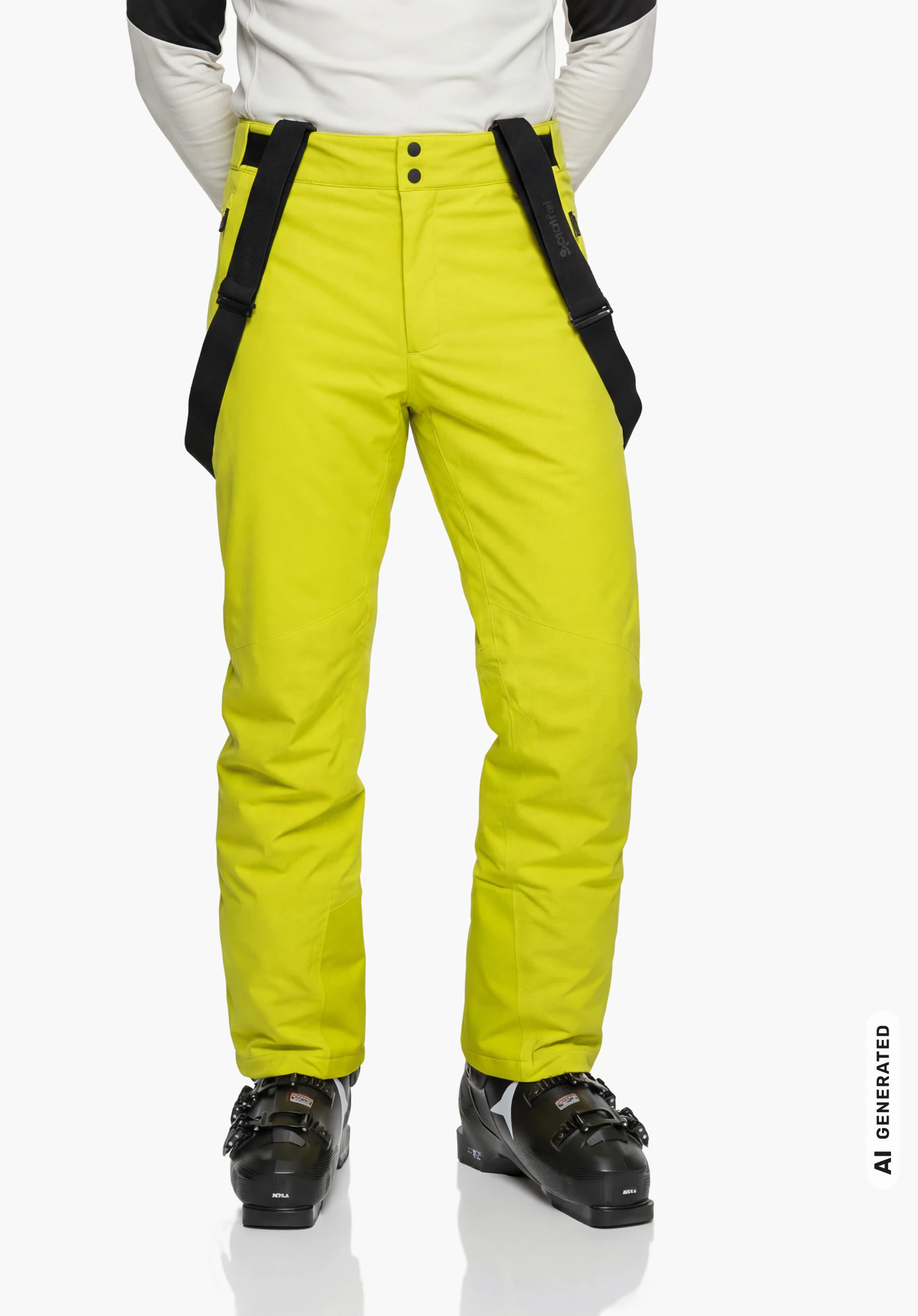 Pants Style Pine MNS in yellow with black braces, worn by a male model standing upright and shown from the front against a white background. (AI-generated)