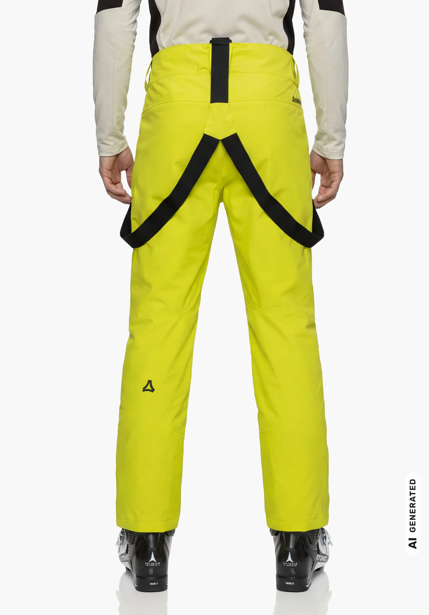 Pants Style Pine MNS in yellow with black braces, shown from the back with visible Schöffel lettering and Schöffel logo, worn by a male model standing upright against a white background. (AI-generated)