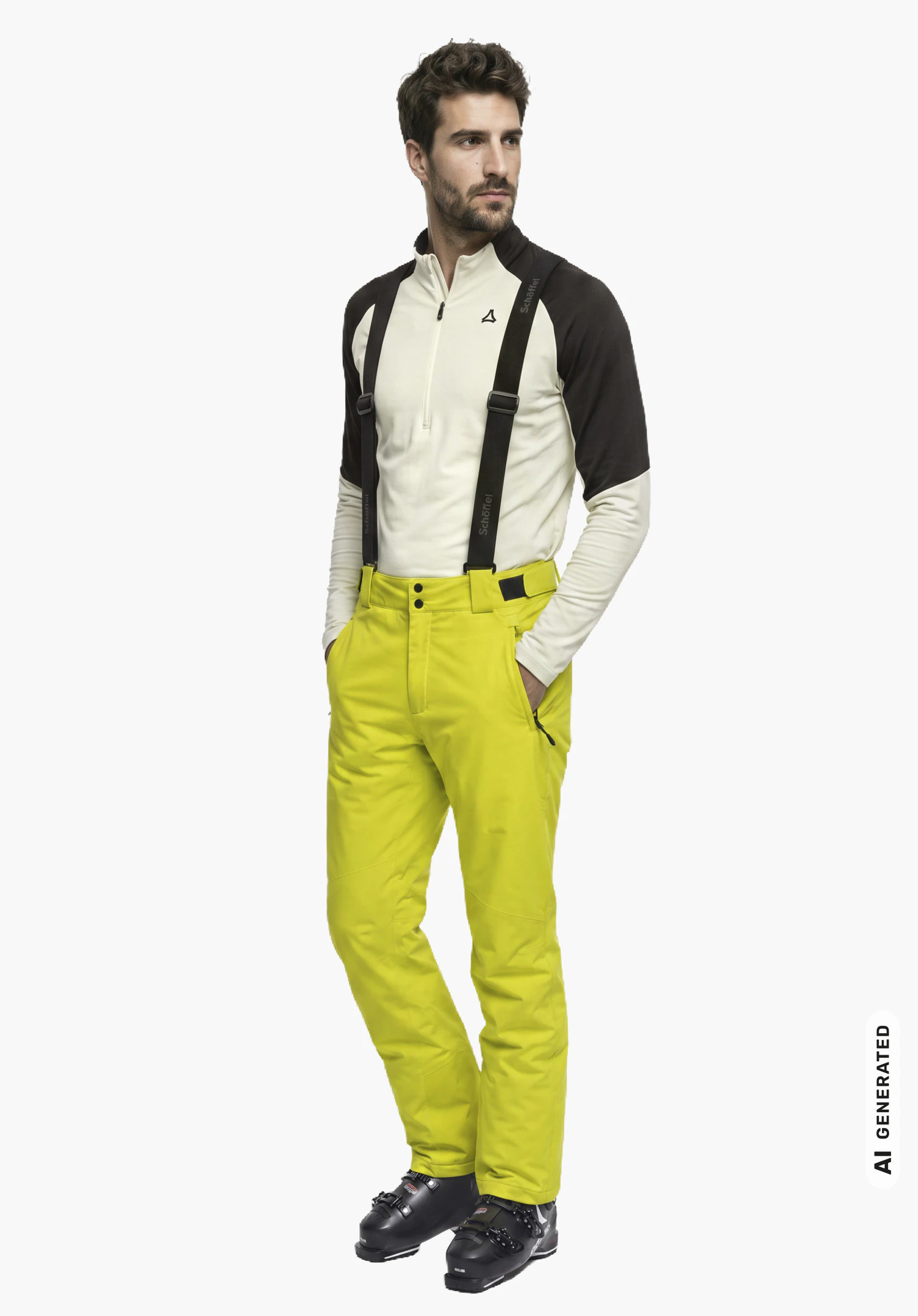 Pants Style Pine MNS in yellow with suspenders, worn by a male model in a side view with hands in pockets and visible Schöffel lettering against a white background. (AI-generated)