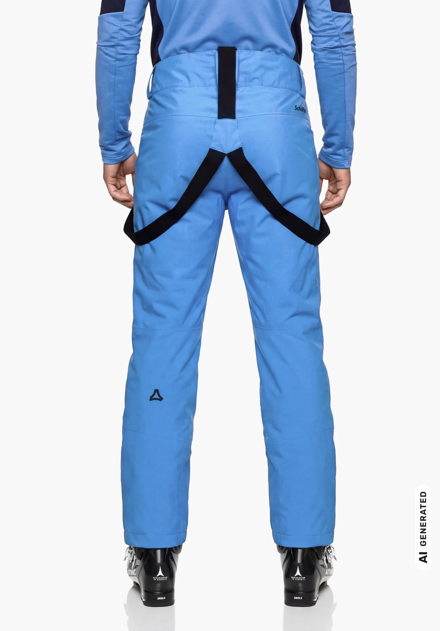 Pants Style Pine MNS in blue with Schöffel lettering, worn by a male model standing upright and shown from the back with ski boots and braces against a white background. (AI-generated)