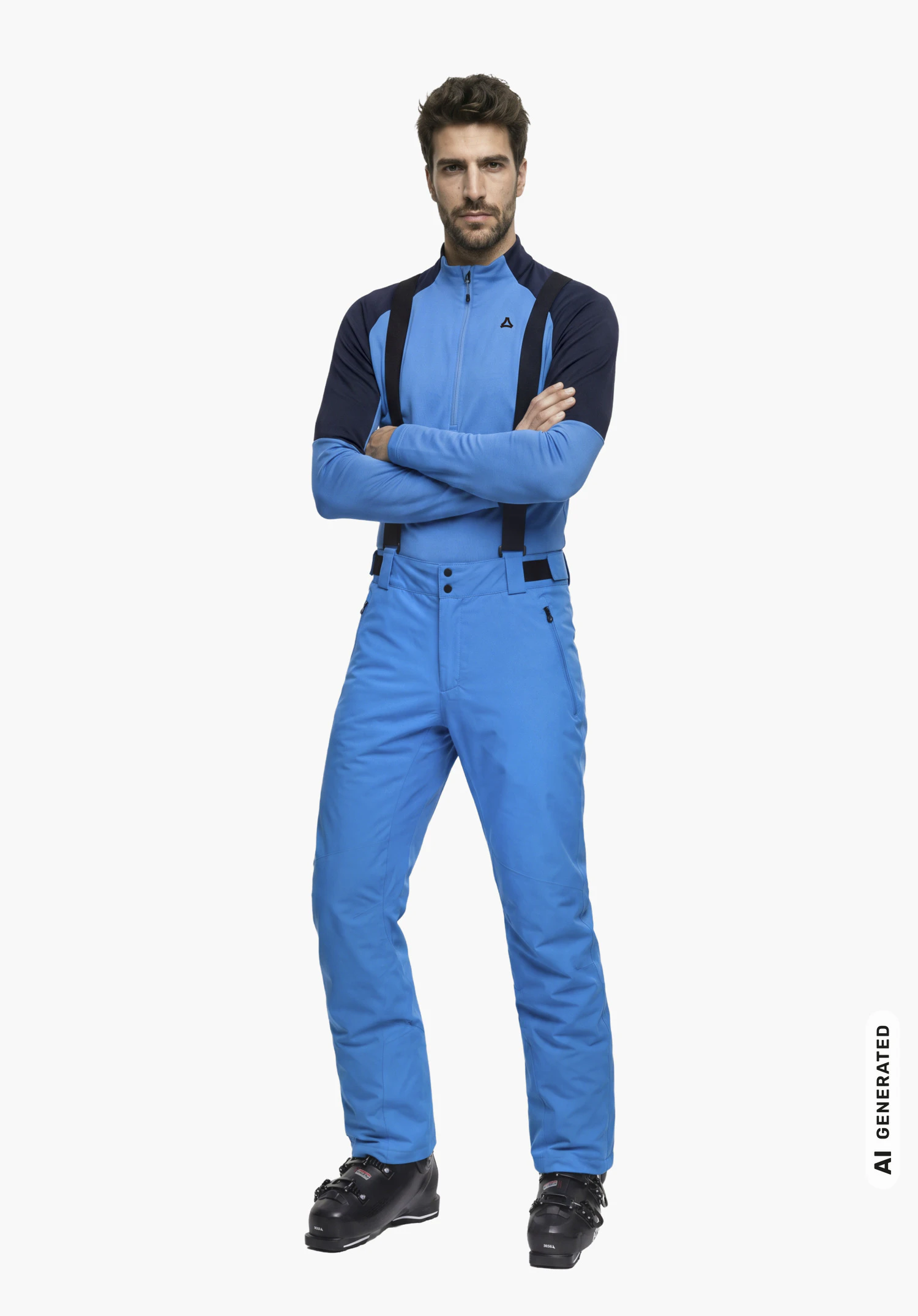 Pants Style Pine MNS in blue with Schöffel logo, worn by a male model with crossed arms in a side view against a white background. (AI-generated)