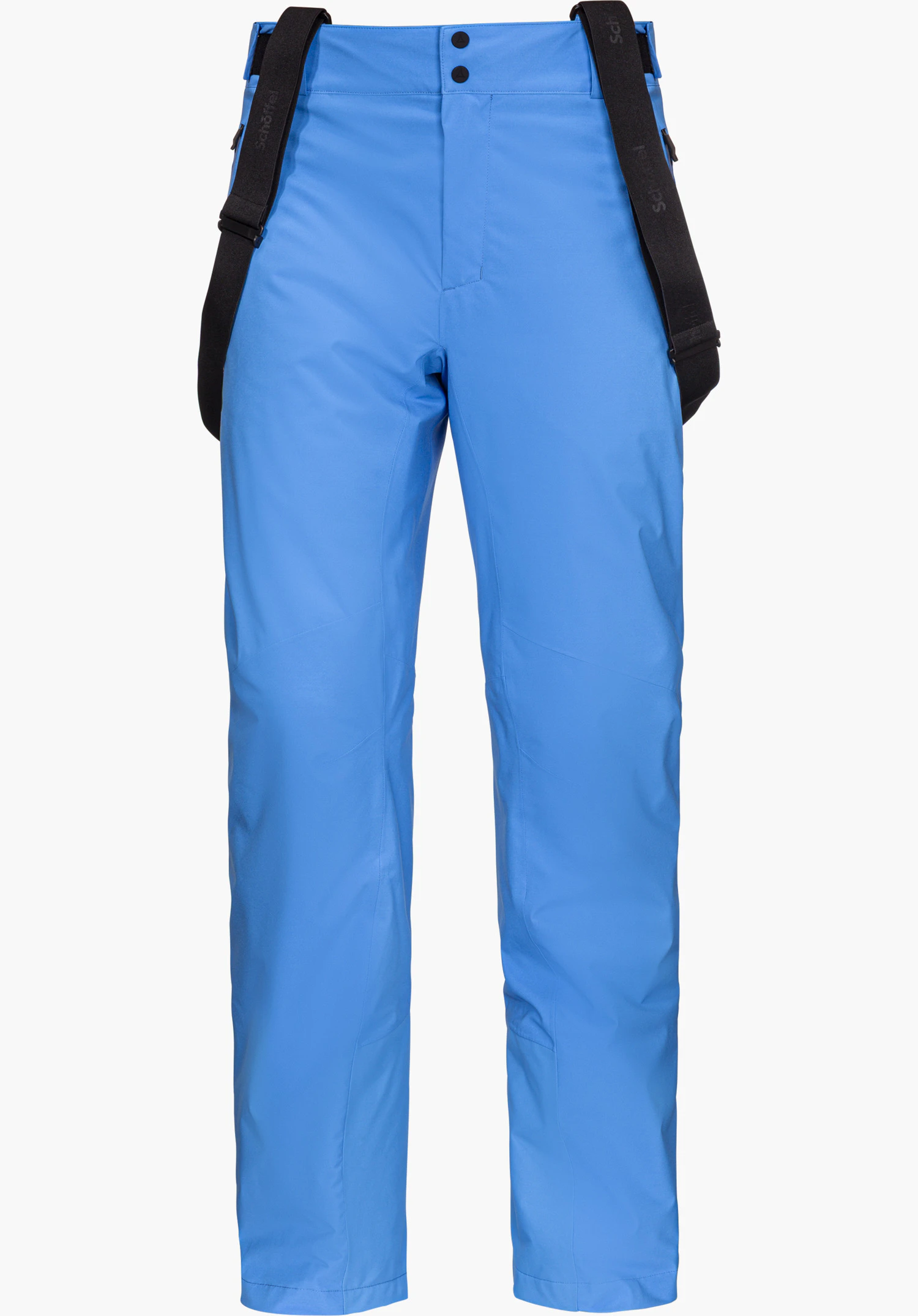 Pants Style Pine MNS ski trousers in blue with black braces and Schöffel lettering, shown from the front and isolated on a white background.