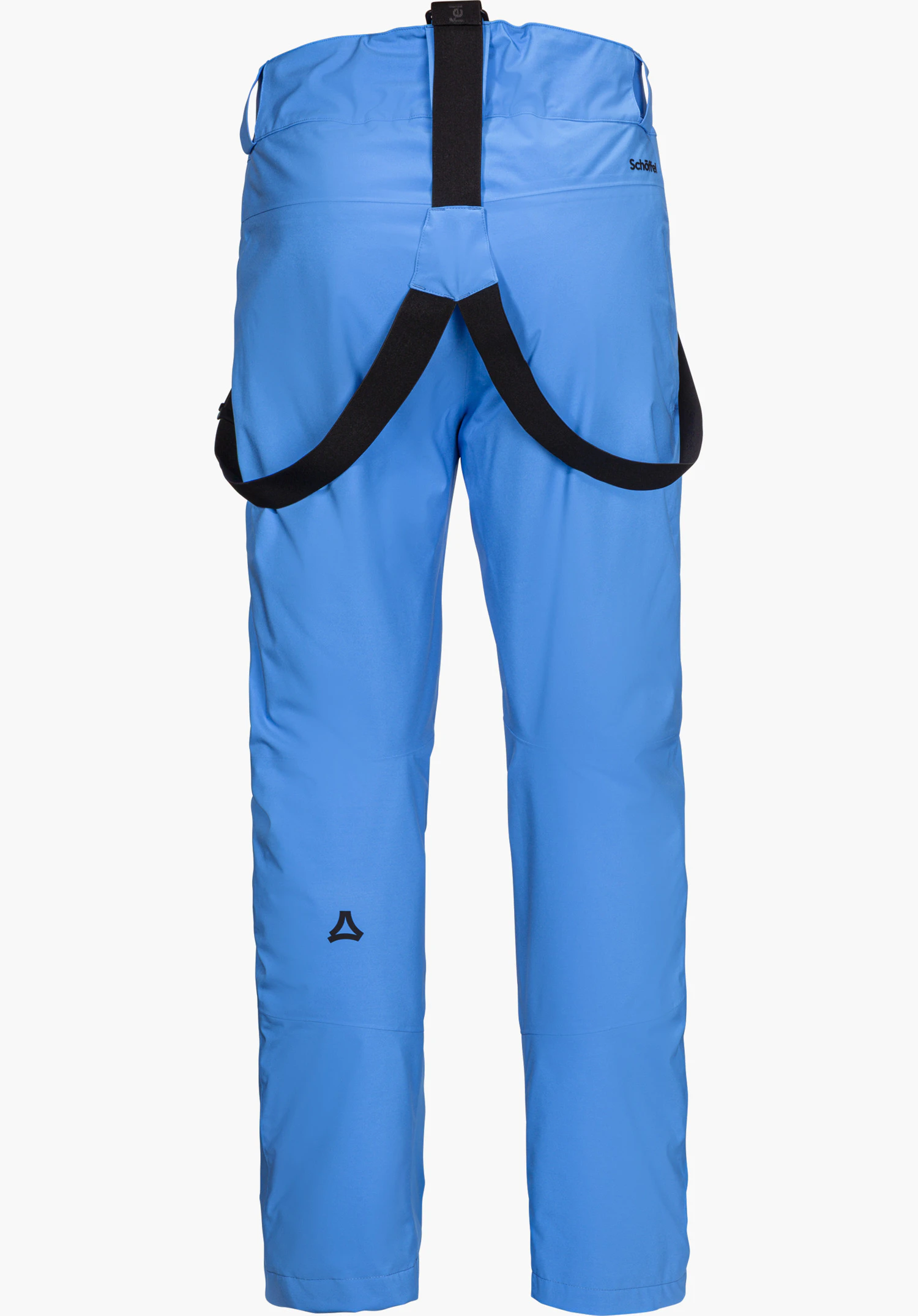 Pants Style Pine MNS ski trousers in blue, shown from the back with black braces and subtle Schöffel lettering, isolated on a white background.