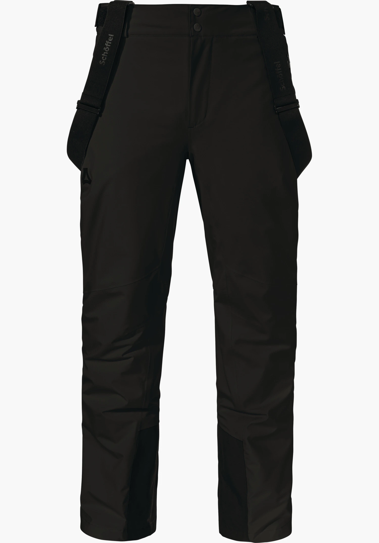 Pants Style Pine MNS black ski trousers with adjustable suspenders; front view, Schöffel logo on left side, “Schöffel” text on both suspenders; isolated on a white background.