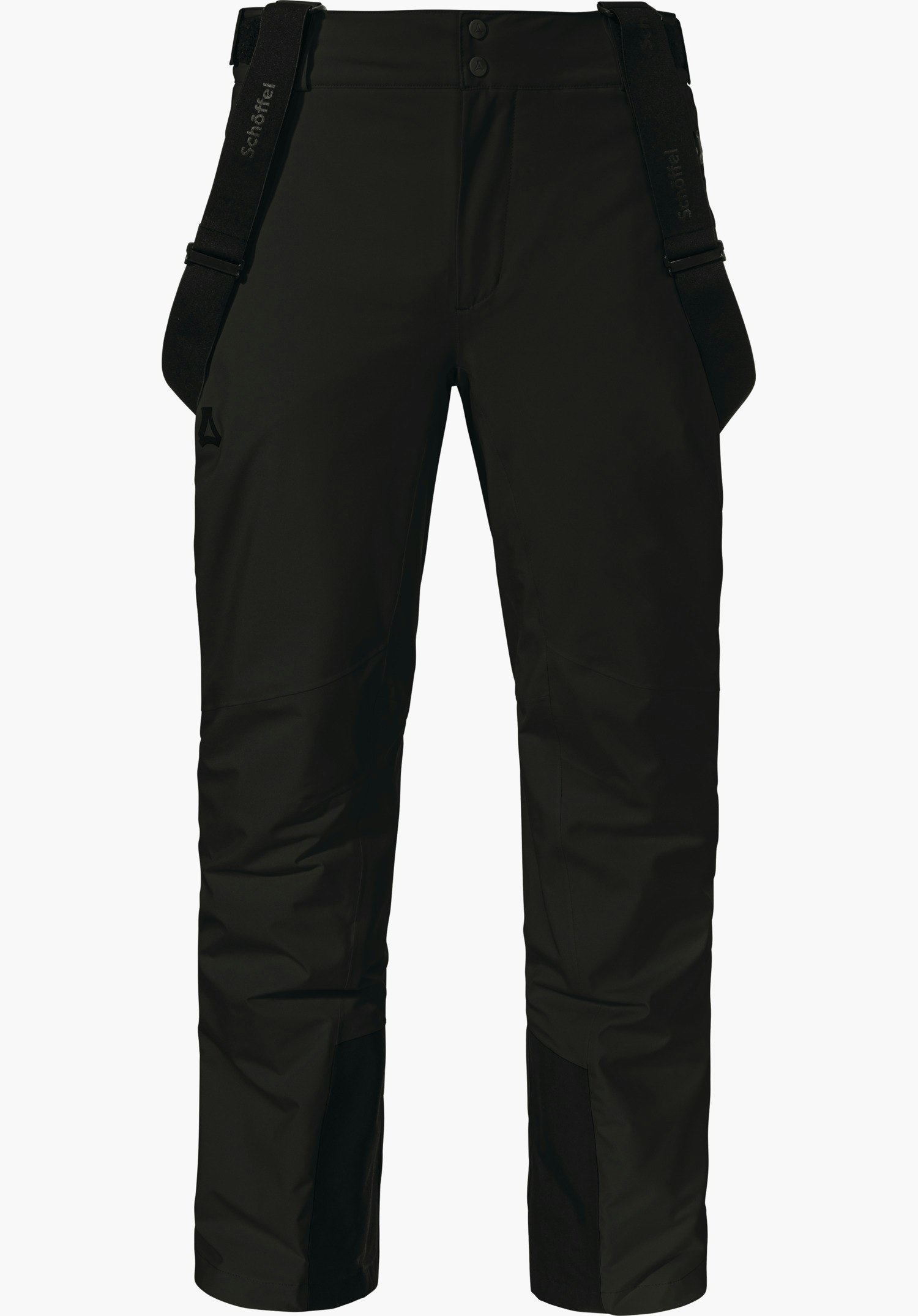 Pants Style Pine MNS Zwarte skibroek met verstelbare bretels; vooraanzicht gepresenteerd, Schöffel-logo links, opschrift “Schöffel” op beide bretels. Vrijstaand tegen witte achtergrond.
