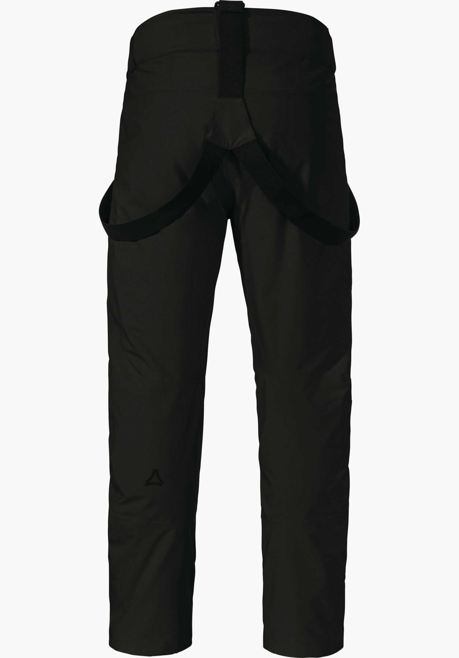 Pants Style Pine MNS Zwarte skibroek, achteraanzicht; elastische bretels hangen over de heup; gladde witte achtergrond; Schöffel-logo op het linker onderbeen.