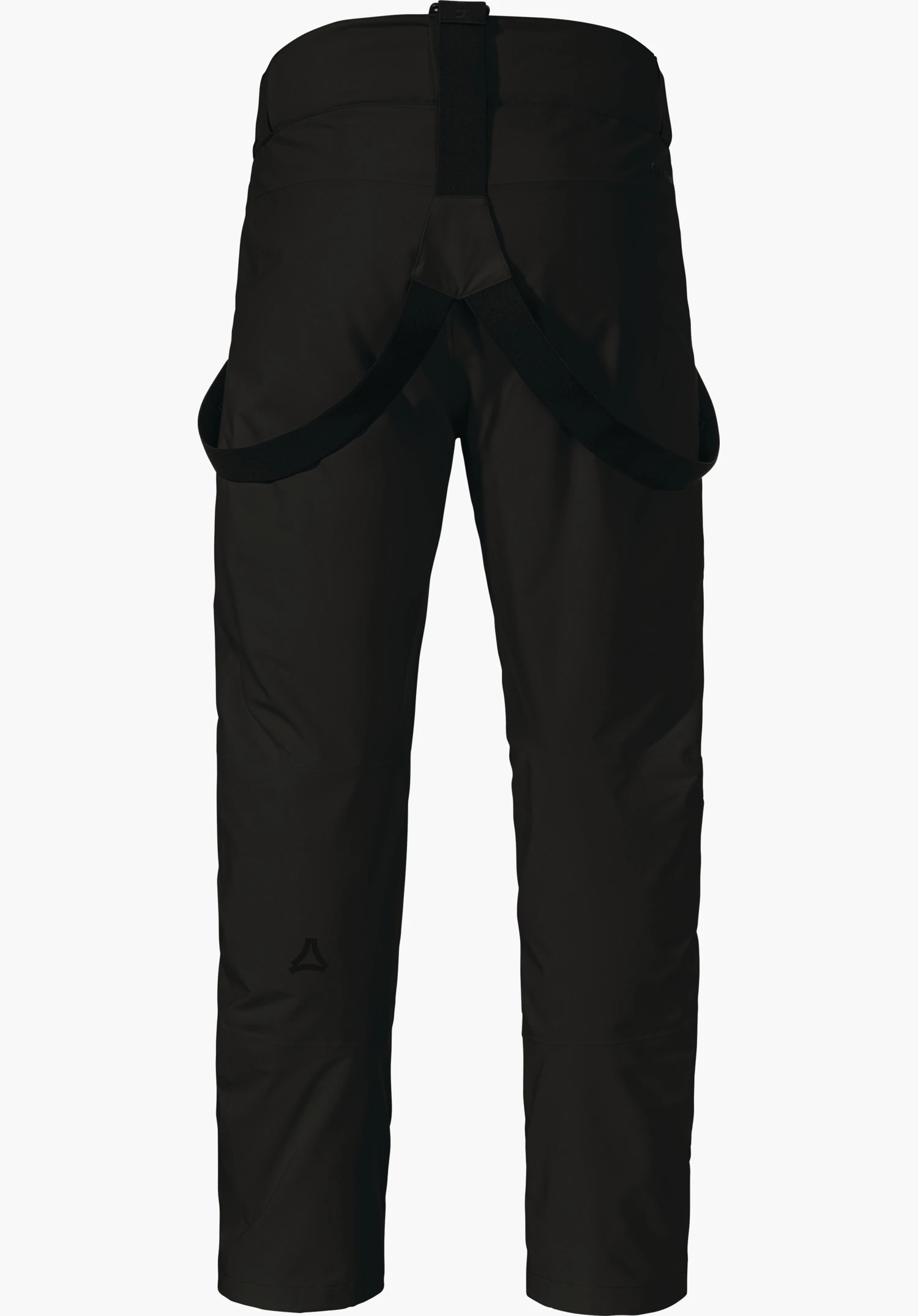 Pants Style Pine MNS black ski trousers, rear view; elastic braces hanging over the hip; clean white studio background; Schöffel logo on the left lower leg.