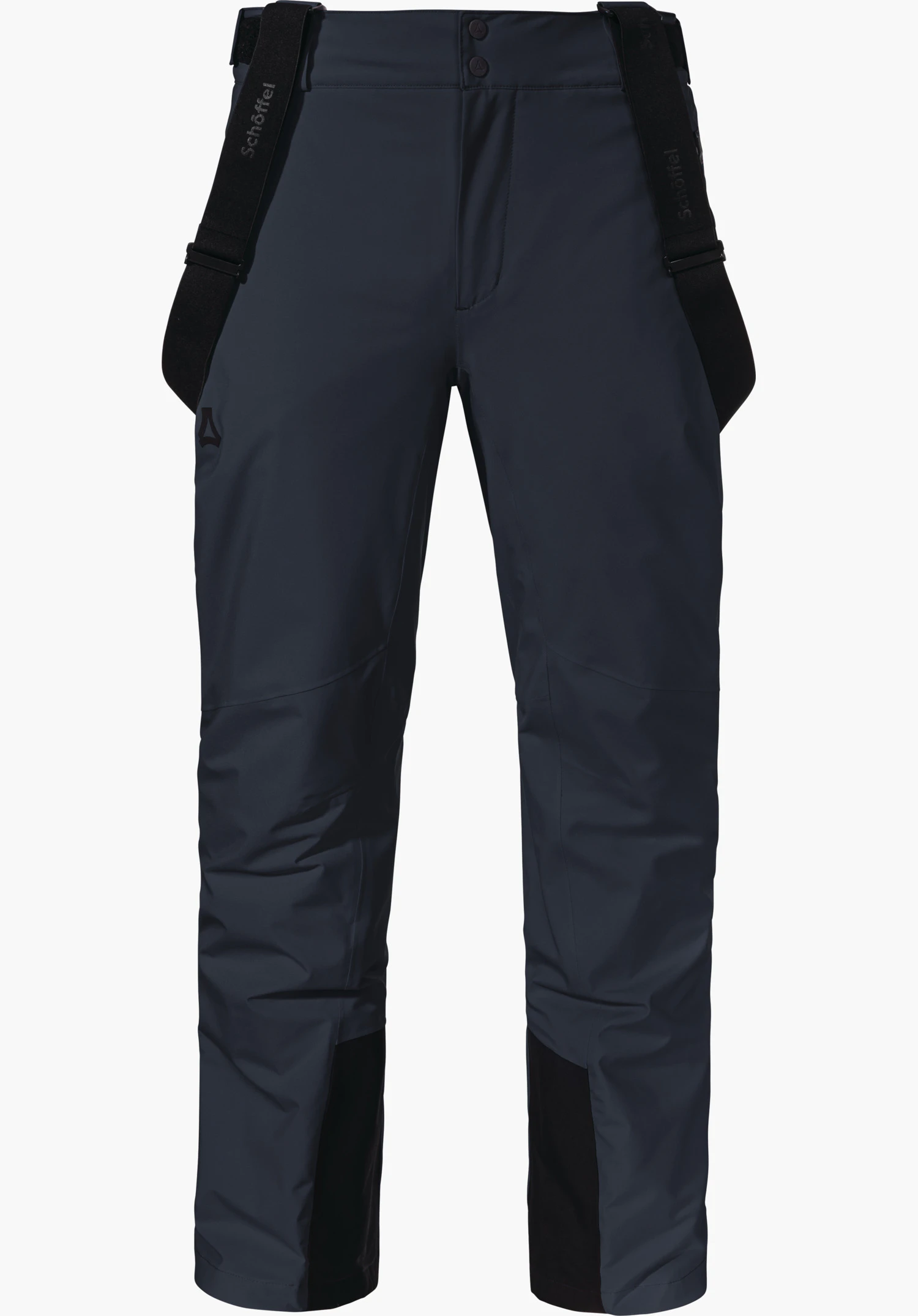 Pants Style Pine MNS dark blue ski trousers with black suspenders, Schöffel logo on outer thigh, front view on a white background. Text: “Schöffel”.